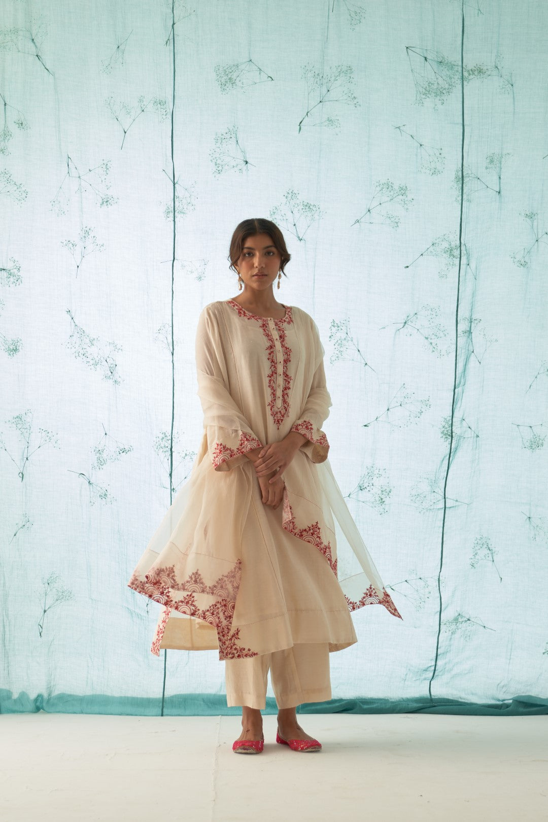 Ivory With Fushia Embroidered Kurta Set