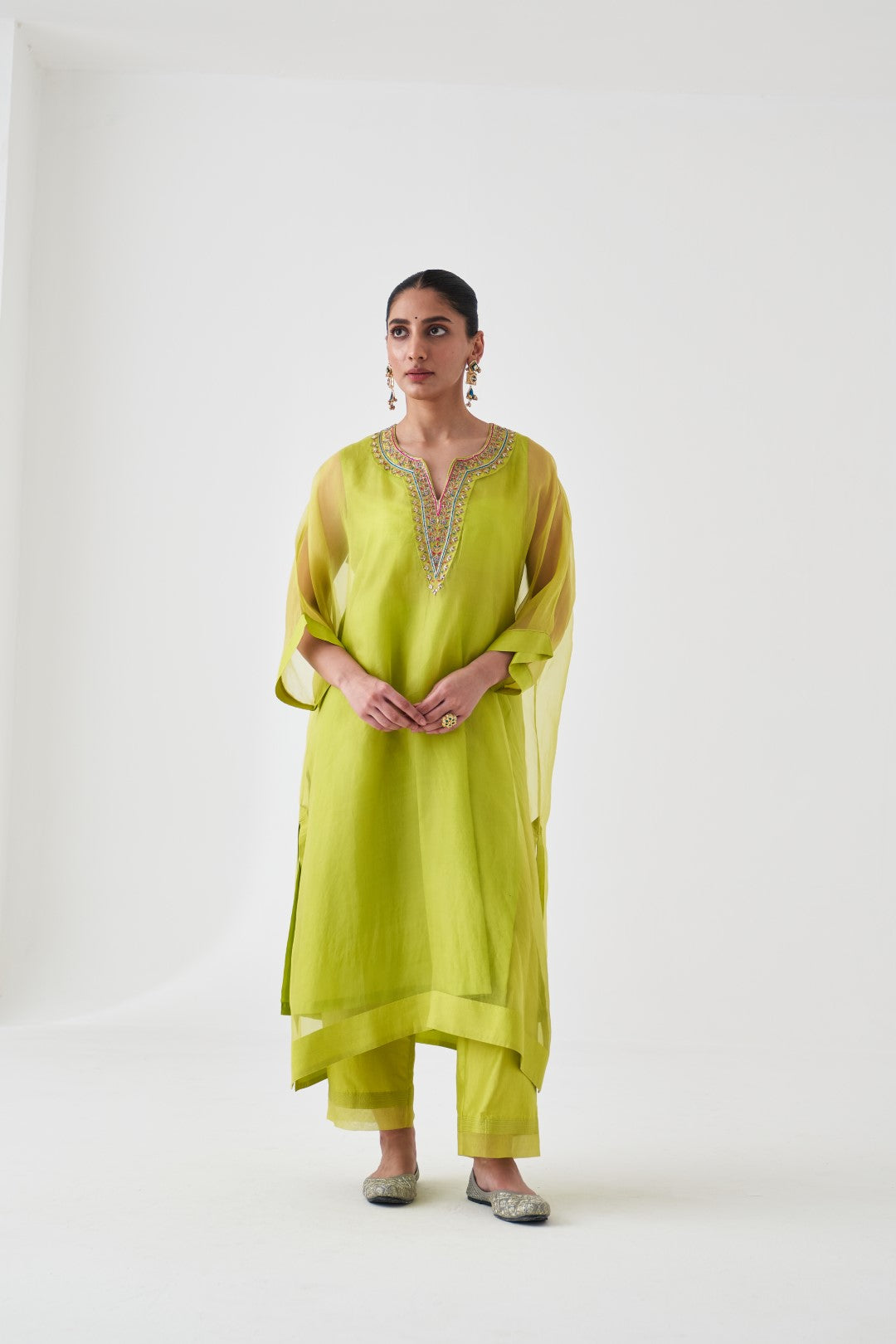 Lime Green Organza Embroidered Kaftan Paired with Silk Slip & Silk Pant (03 PCS.)