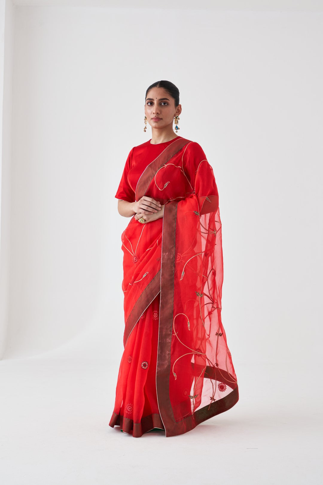 Red Organza Saree with Jaal Embroidery and Organic Cotton Stitched Petticoat (2-Piece Set)