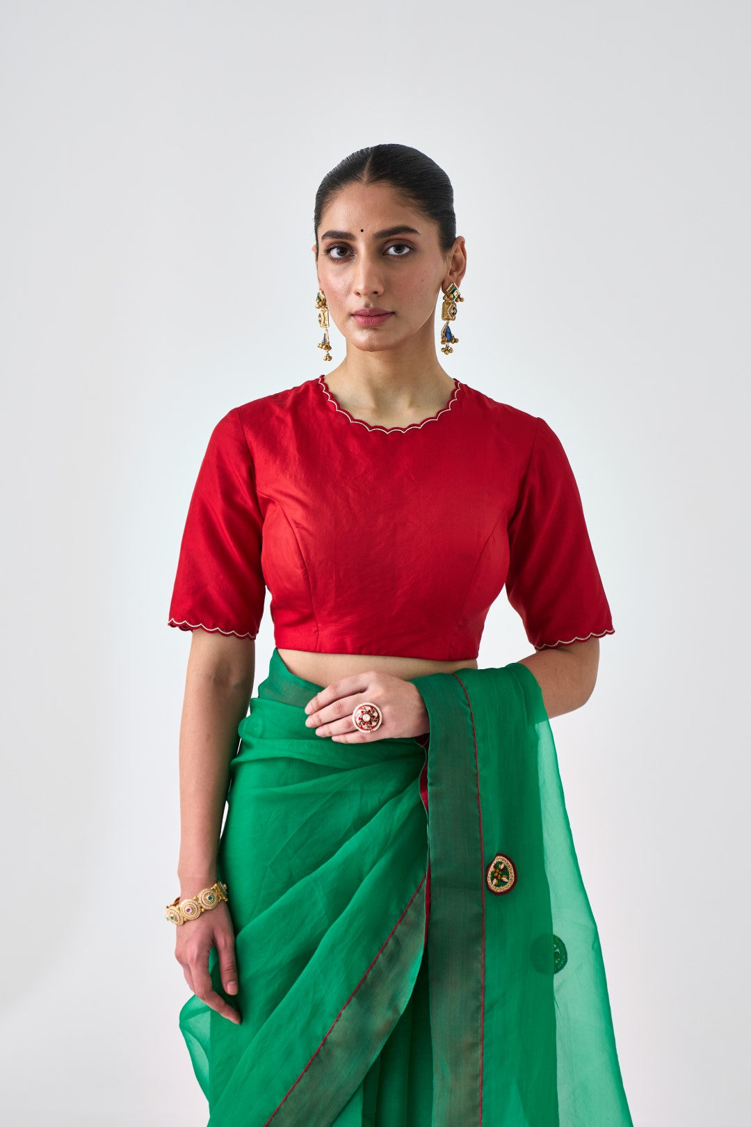 Red Pure Silk Stitched Blouse with Golden Scallop Embroidery On Neck & Sleeves (01 Pc.)