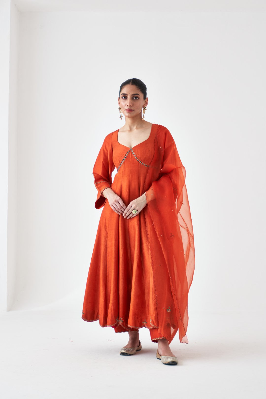 Rust Silk Dupion Embroidered Anarkali paired with pant and organza dupatta (03 Pcs.)