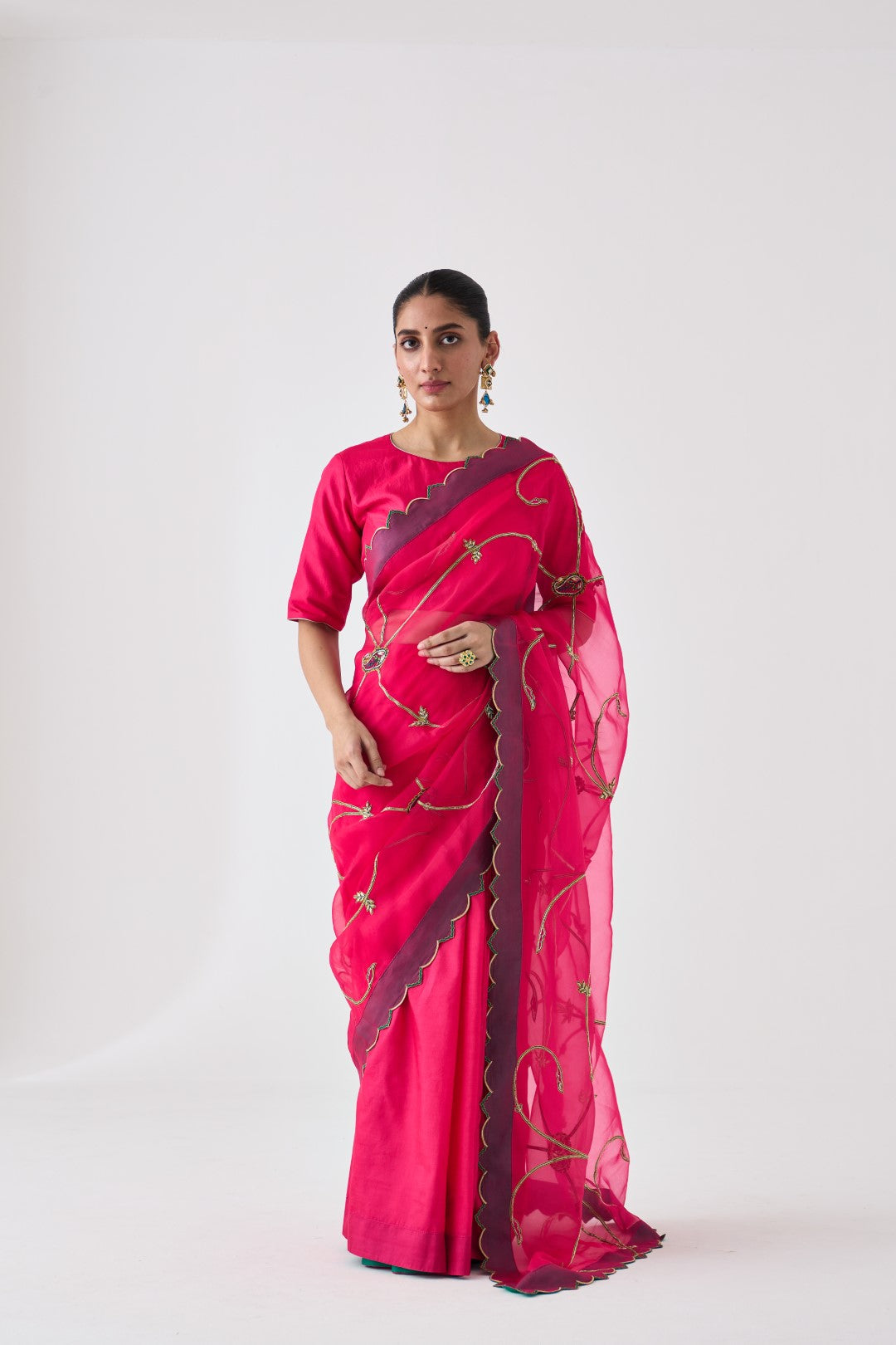 Fuchsia Jaal Embroidered Saree Paired with Organic Cotton Petticoat (02 Pcs.)
