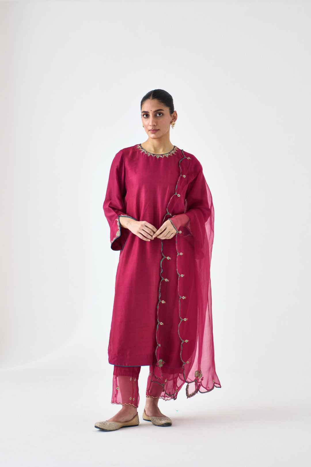 Wine Silk Dupion Embroidered Kurta Paired with Silk Pant & Organza Dupatta (03 Pcs.)