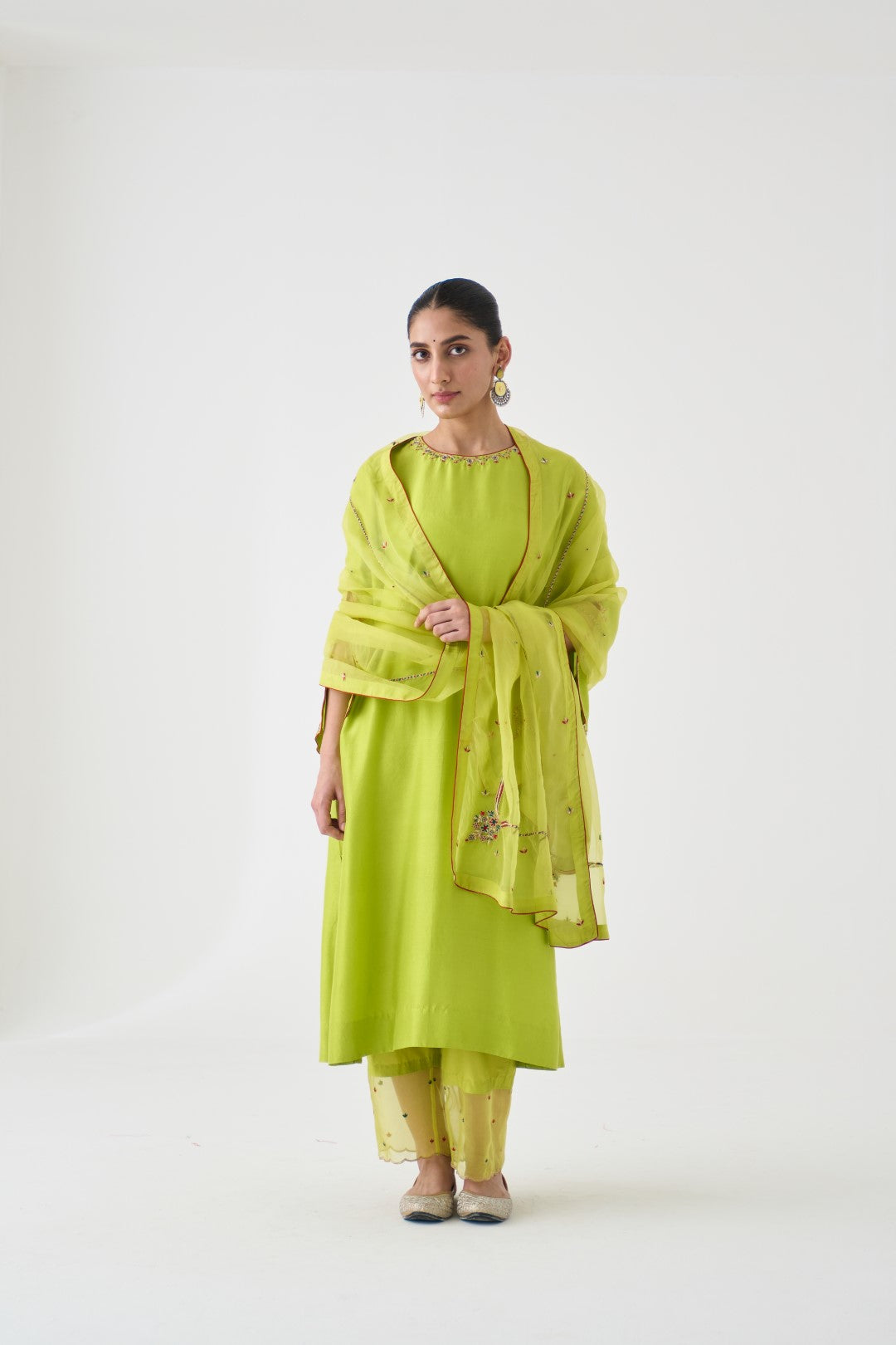 Lime Green Dupion Silk Embroidered Kurta Paired with Silk Pant & Organza Dupatta (03 Pcs.)
