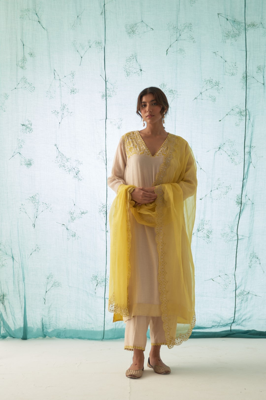 Ivory Yellow Embroidery On Neckline Kurta Set