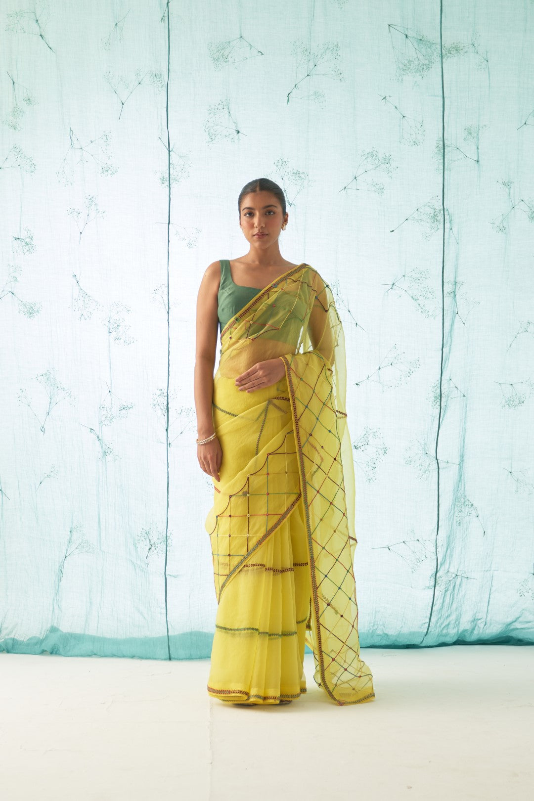 Yellow Organza Saree Set with Checkered Thread Work Comes With Stitched Chanderi Blouse and Organic Cotton Stitched Petticoat  ( 03 Pcs. )