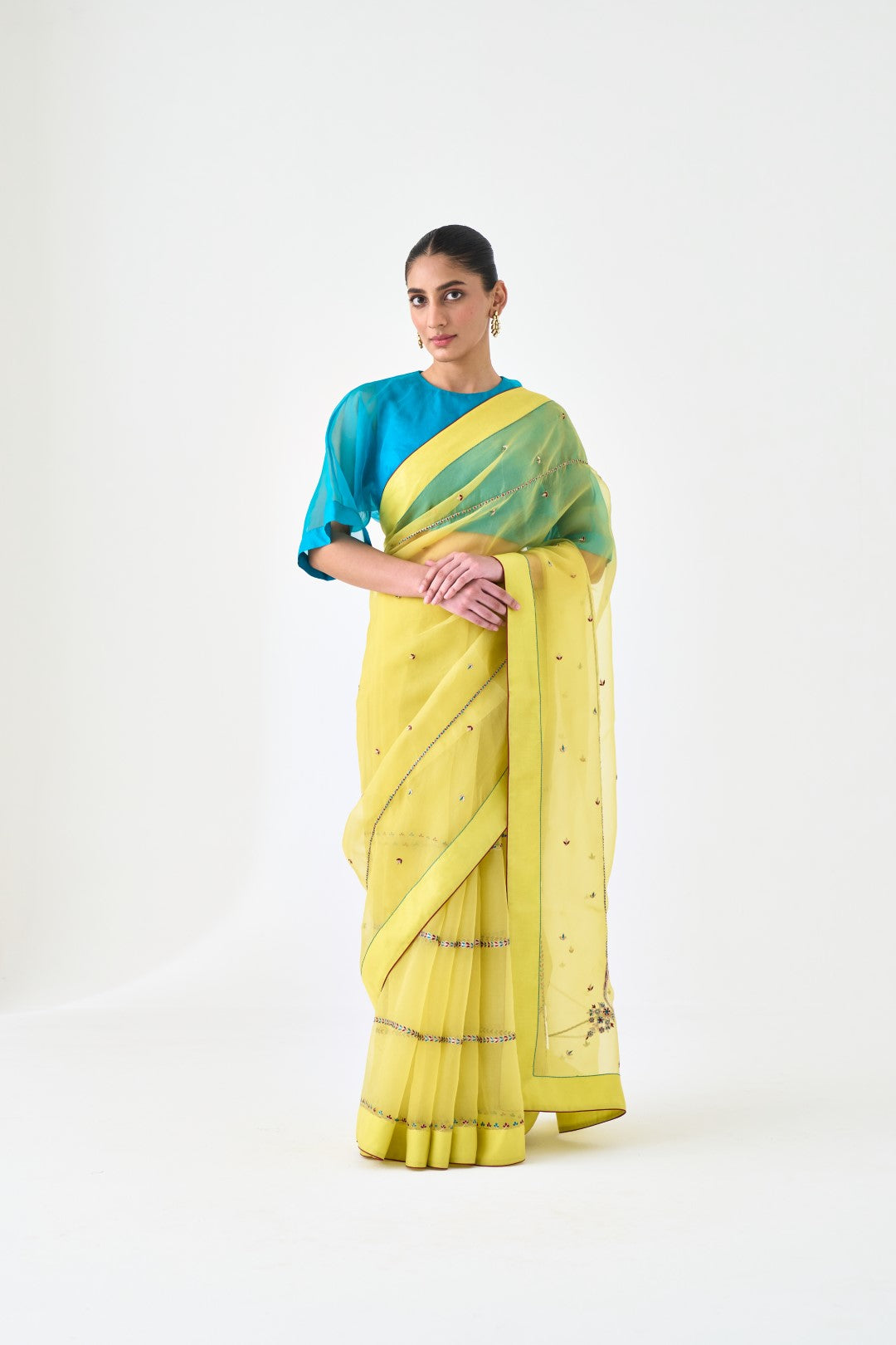 Yellow Organza Saree with Embroidery Paired with Organic Cotton Stitched Petticoat (2-Piece Set)