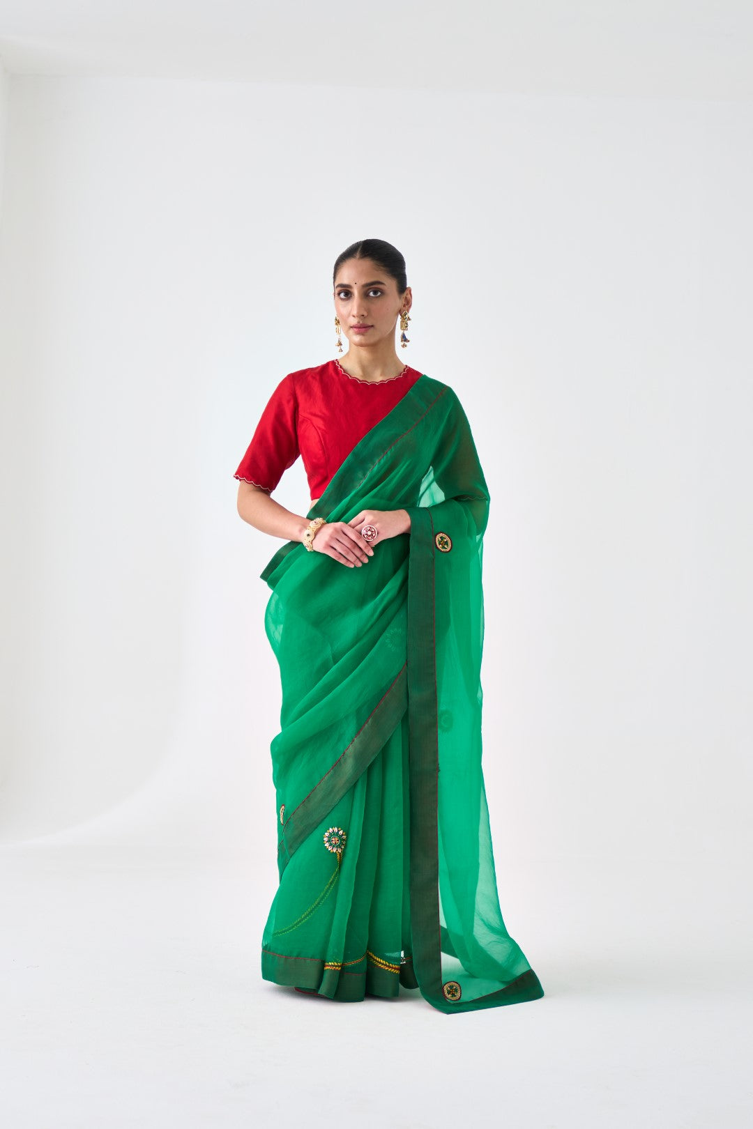 Green Organza Embroidered Jaal Embroidered Saree Paired with Organic Cotton Stitched Petticoat (02 Pcs.)
