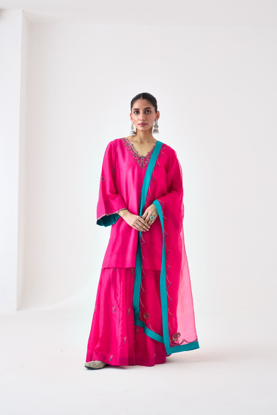 Fuchsia Silk Dupion Embroidered Short Kurta Paired with Silk Sharara & Organza Dupatta (03 PCS.)