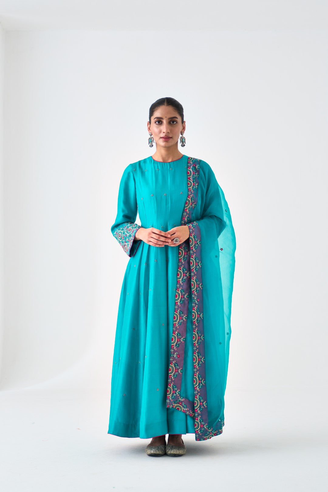 Turquoise Silk Dupion Embroidered Anarkali with Silk Pant & Organza Dupatta (03 Pcs.)