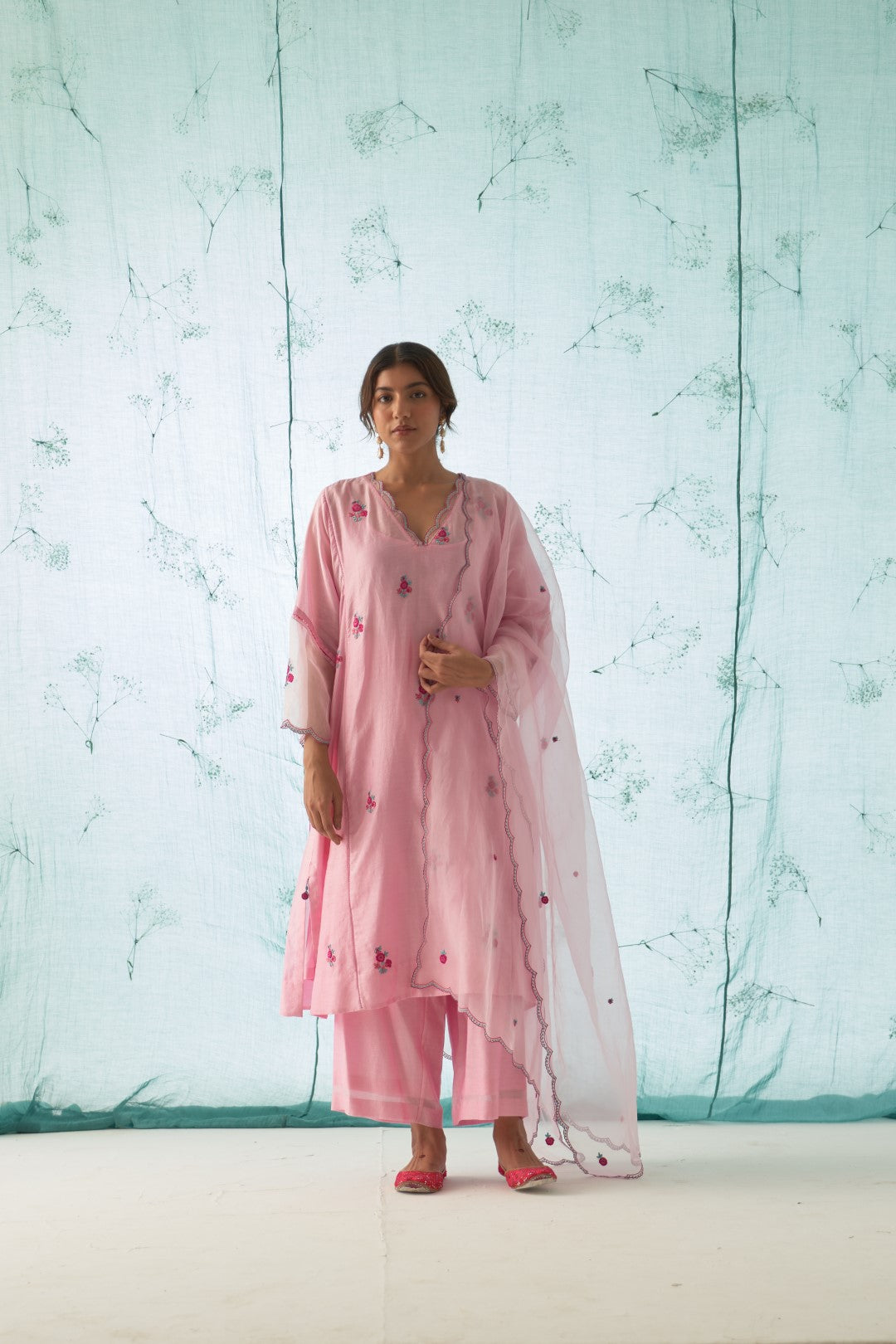 Pink With Floral Embroidered Kurta Set