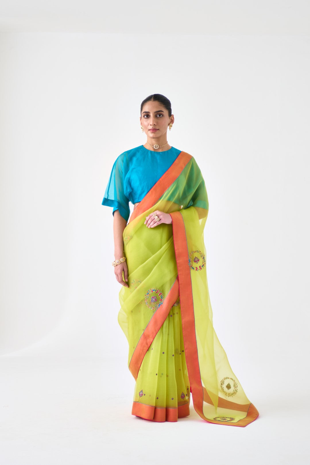 Lime Green Embroidered Saree Paired with Organic Cotton Stitched Petticoat (02 Pcs.)