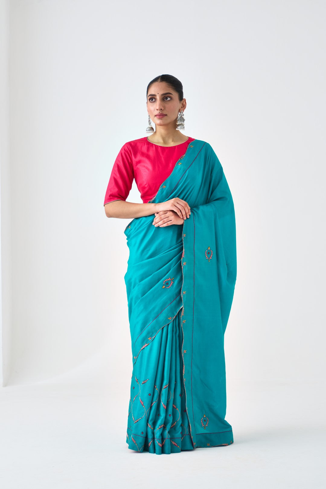 Turquoise Silk Embroidered Saree Paired with Organic Cotton Stitched Petticoat (02 pcs.)