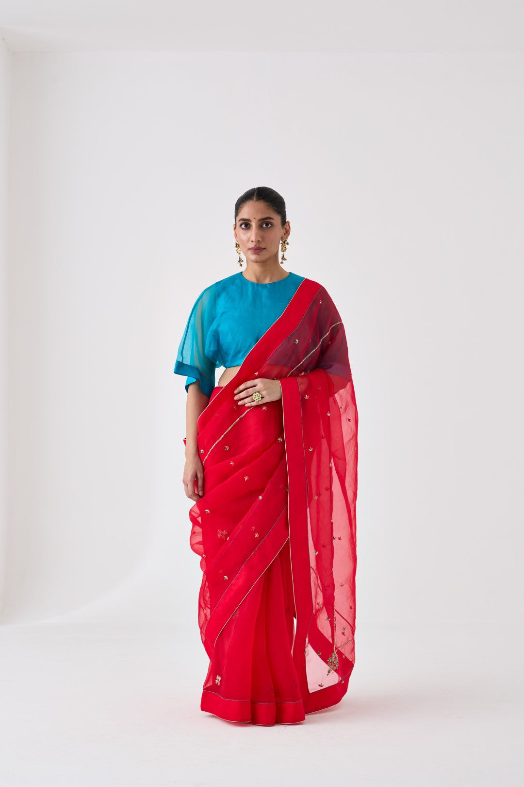 Red Organza Embroidered Saree Paired with an Organic Cotton Stitched Petticoat (02 Pcs.)