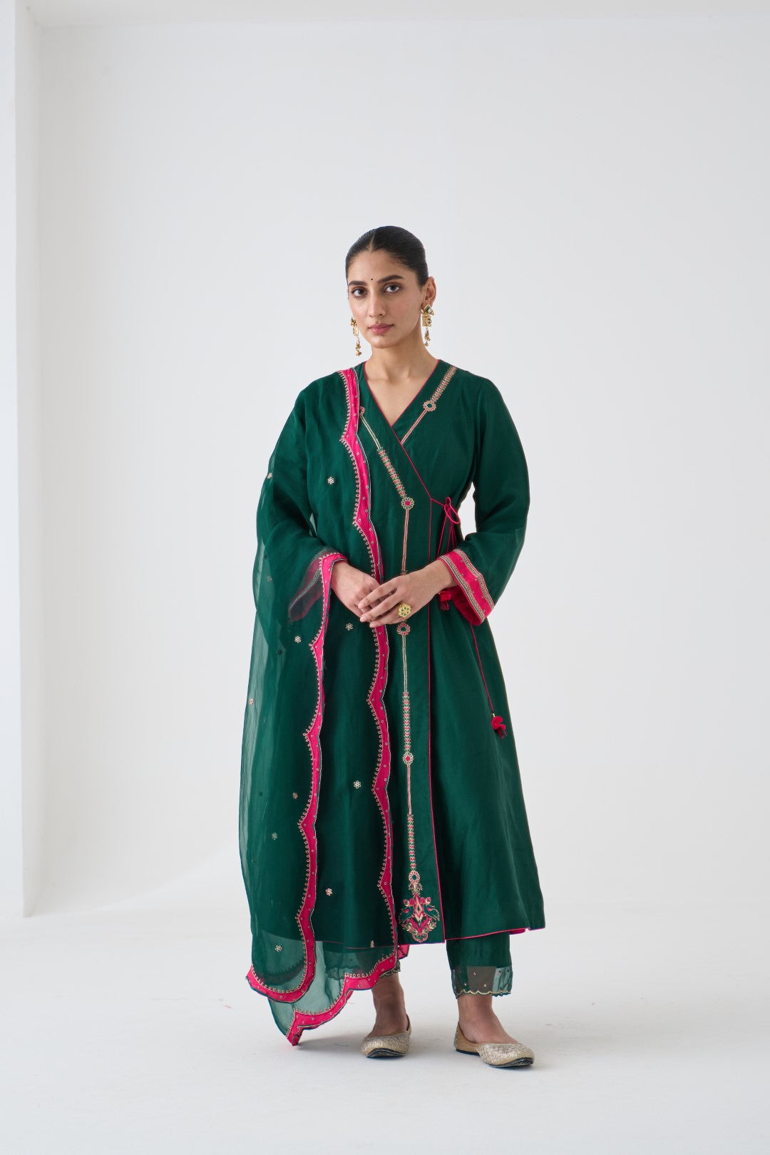 Dark Green Embroidered Angrakha with Silk Pant & Organza Dupatta (03 PCS.)