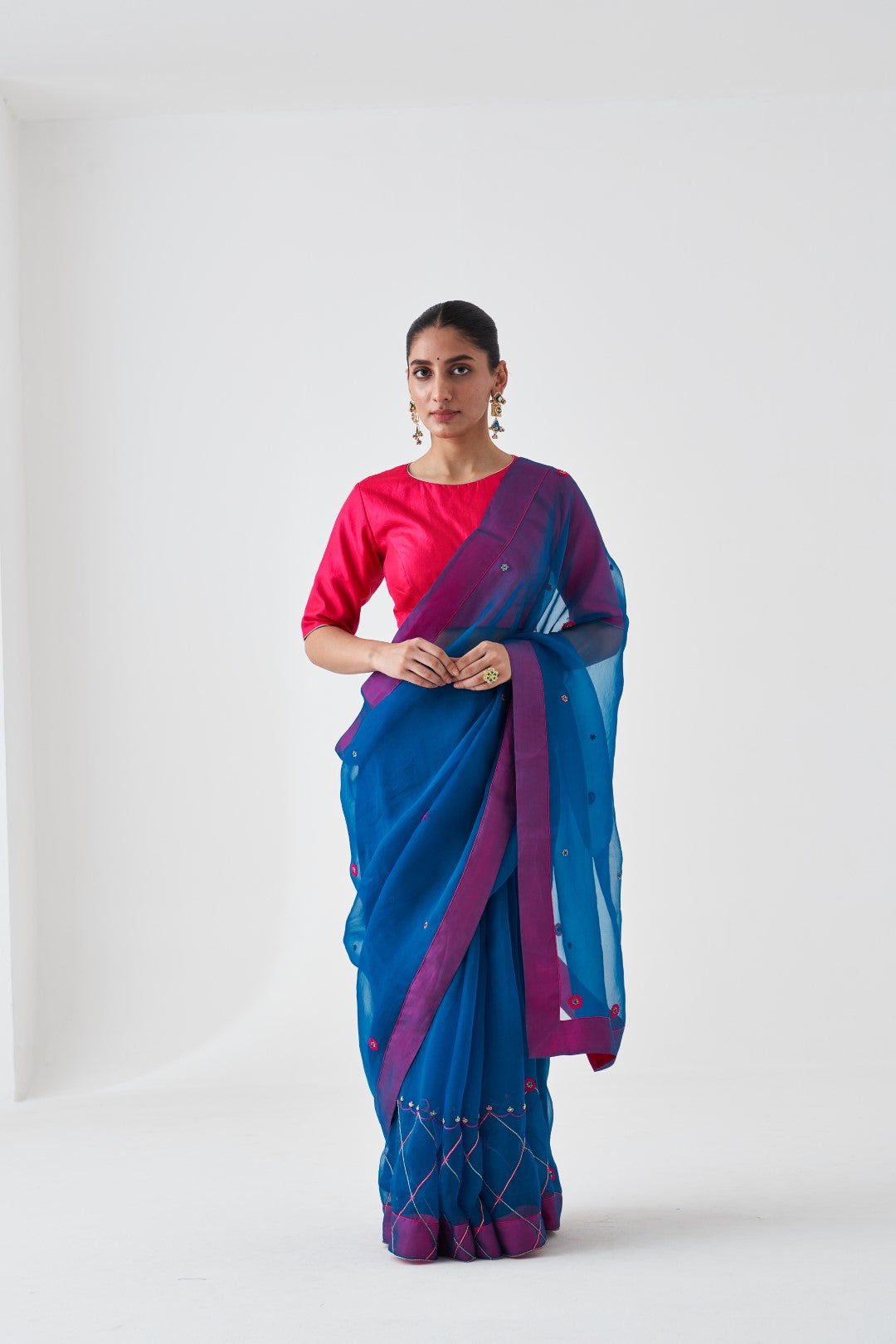 Blue Organza Embroidered Saree Paired with Organic Cotton Stitched Petticoat (02 Pcs.)