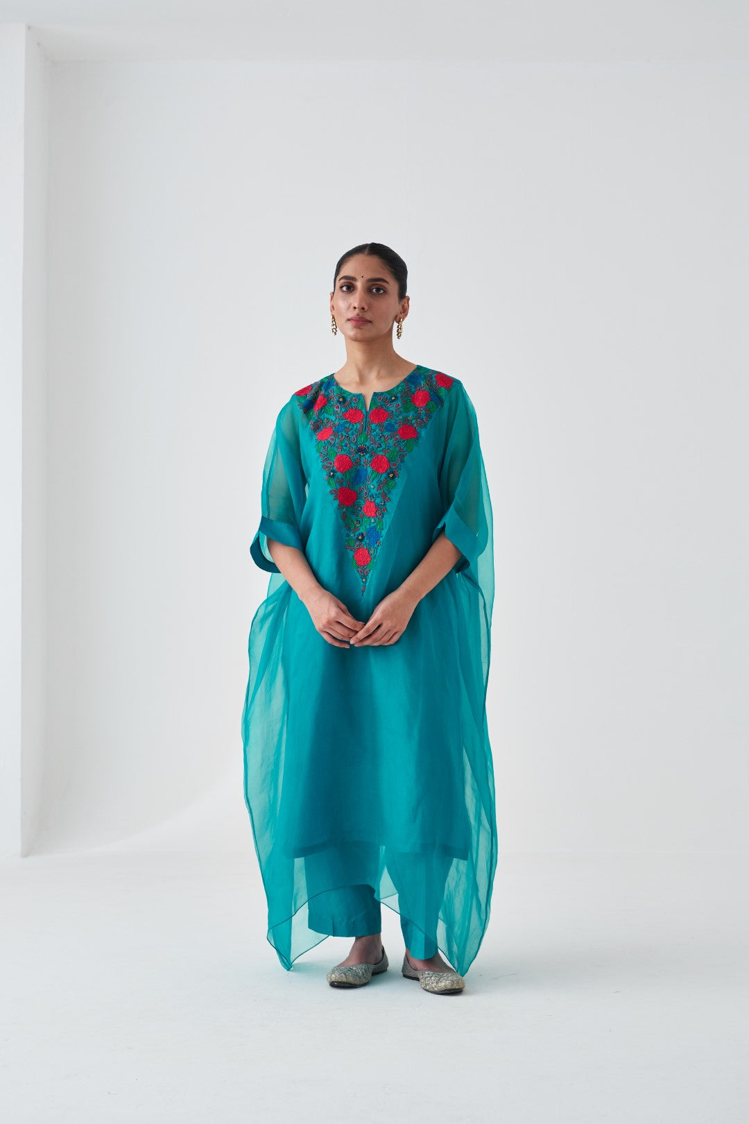 Turquoise Organza Multicoloured Embroidered Kaftan with Silk Slip and Pant (03 Pcs.)