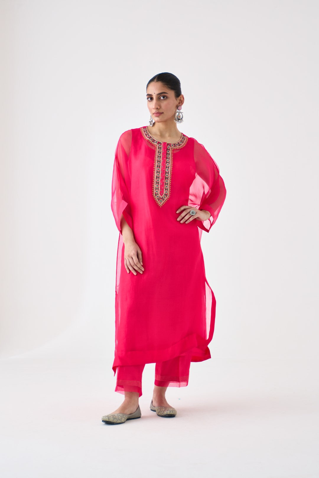 Fuchsia Organza Embroidered Kaftan Paired with Silk Slip and Silk Pant (03 Pcs.)
