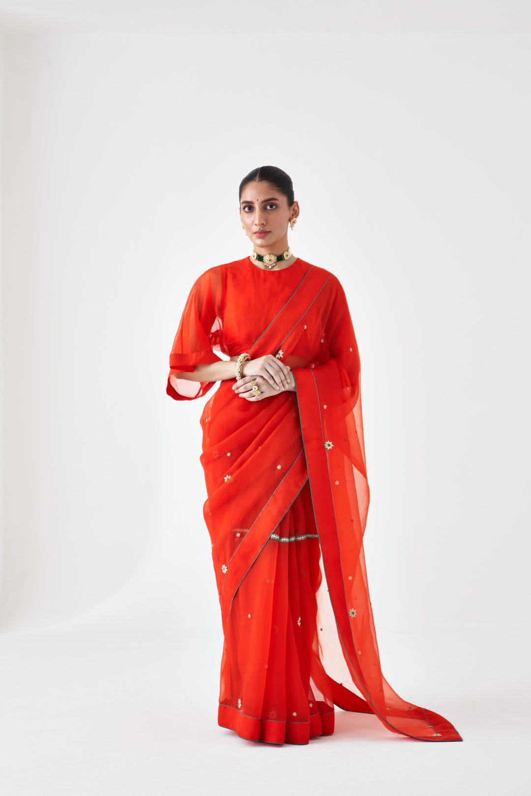 Orange Embroidered Organza Saree Paired with Organic Cotton Stitched Petticoat (02 Pcs.)