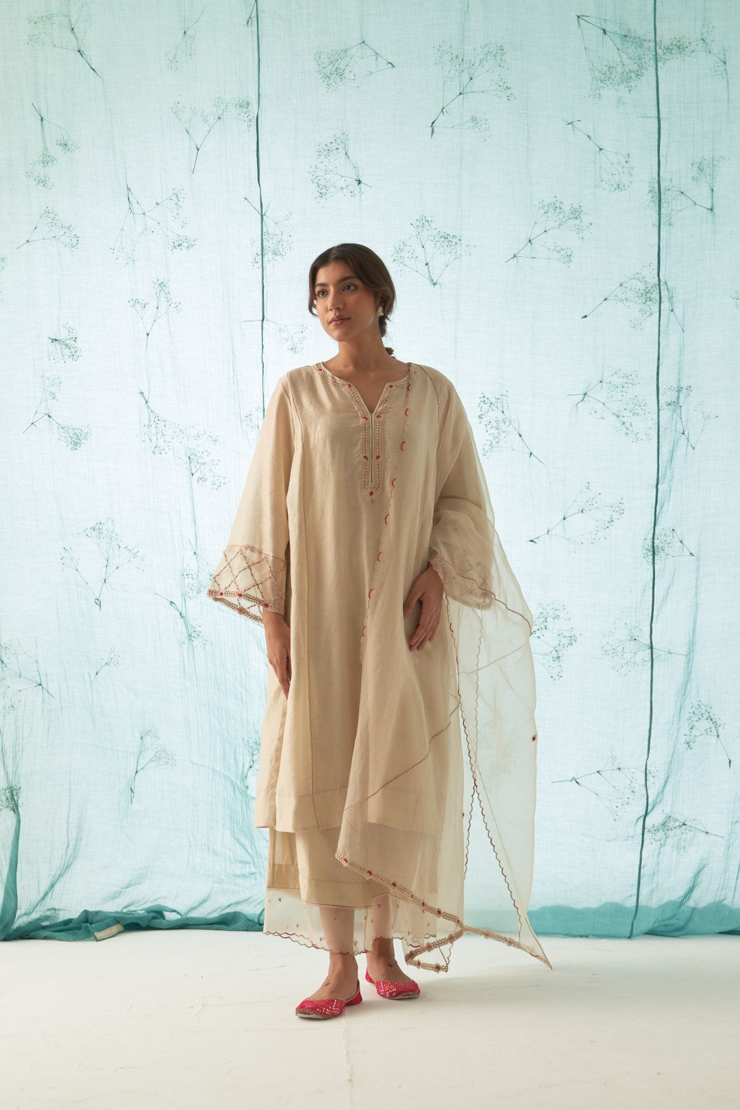 Beige Embroidered Kurta Set