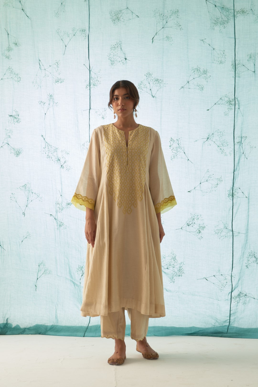Ivory - Yellow Embroidery On Yoke Kurta Set