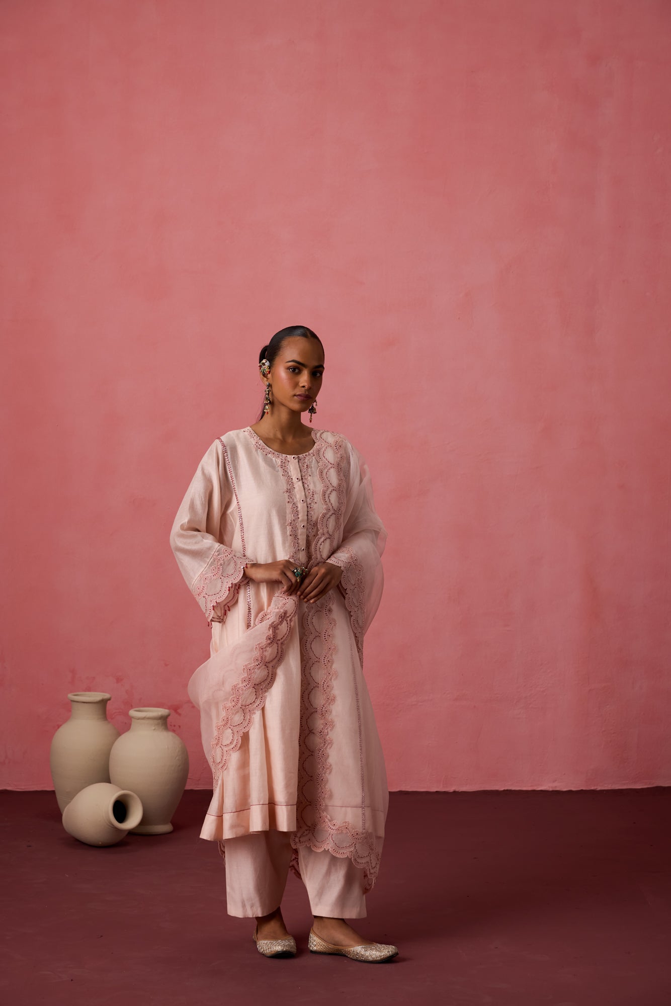 Cozy peach chanderi dori work and resham embroidered kurta paired with organic cotton slip, pant & organza dupatta