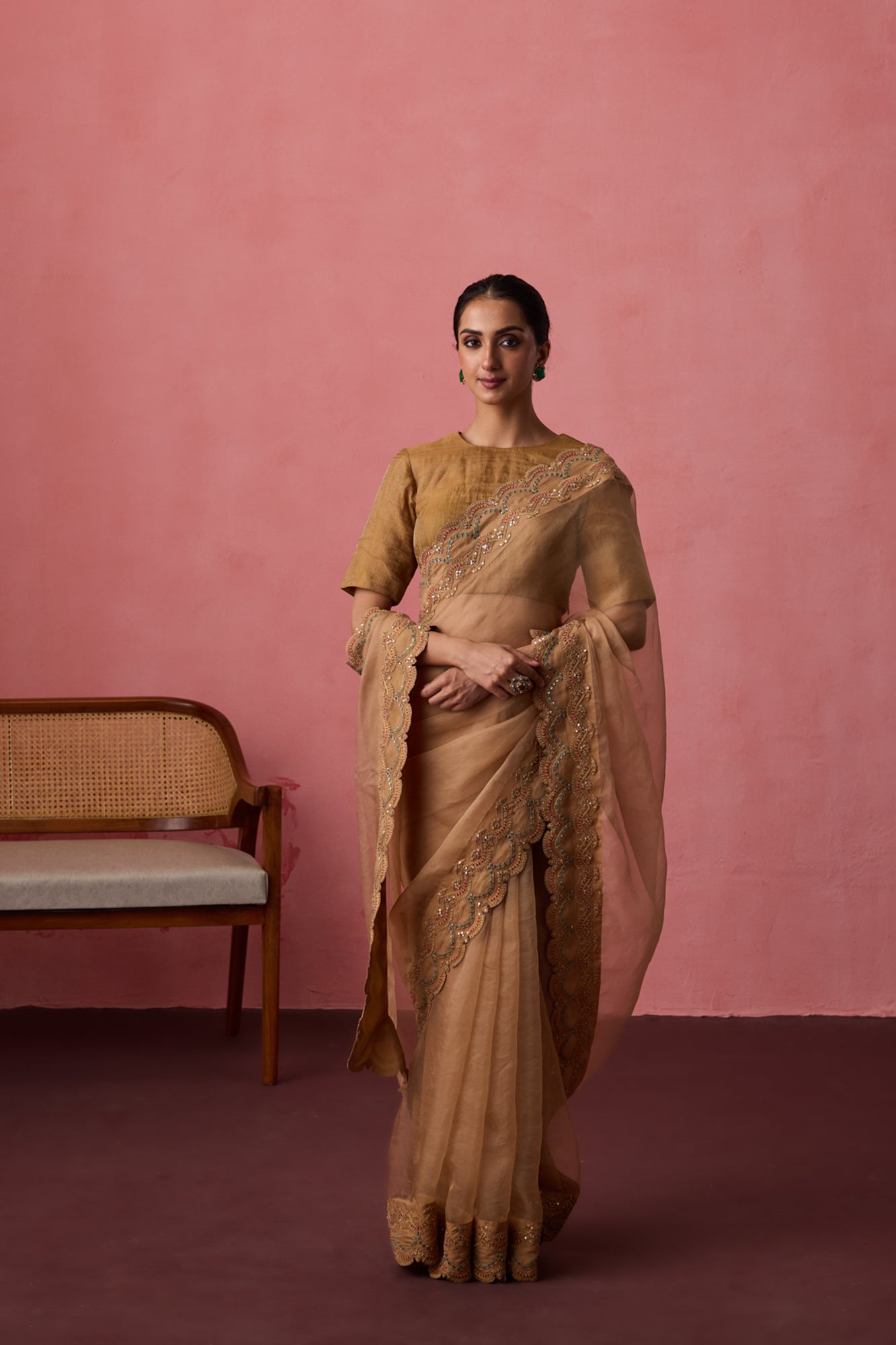 Golden organza dori & resham embroidered saree paired with unstitched & unembroidered blouse fabric