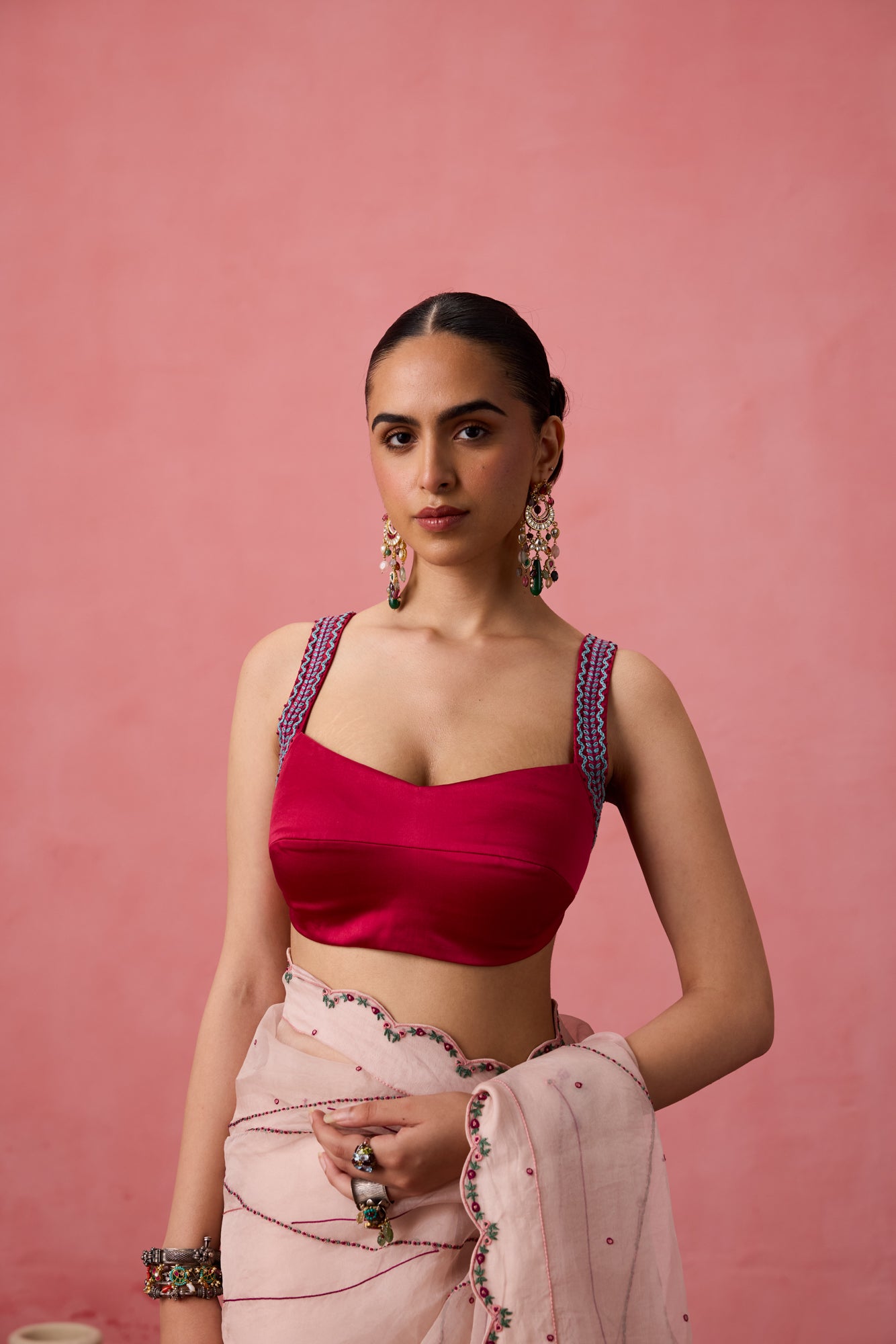 Red satin silk embroidered stitched Blouse