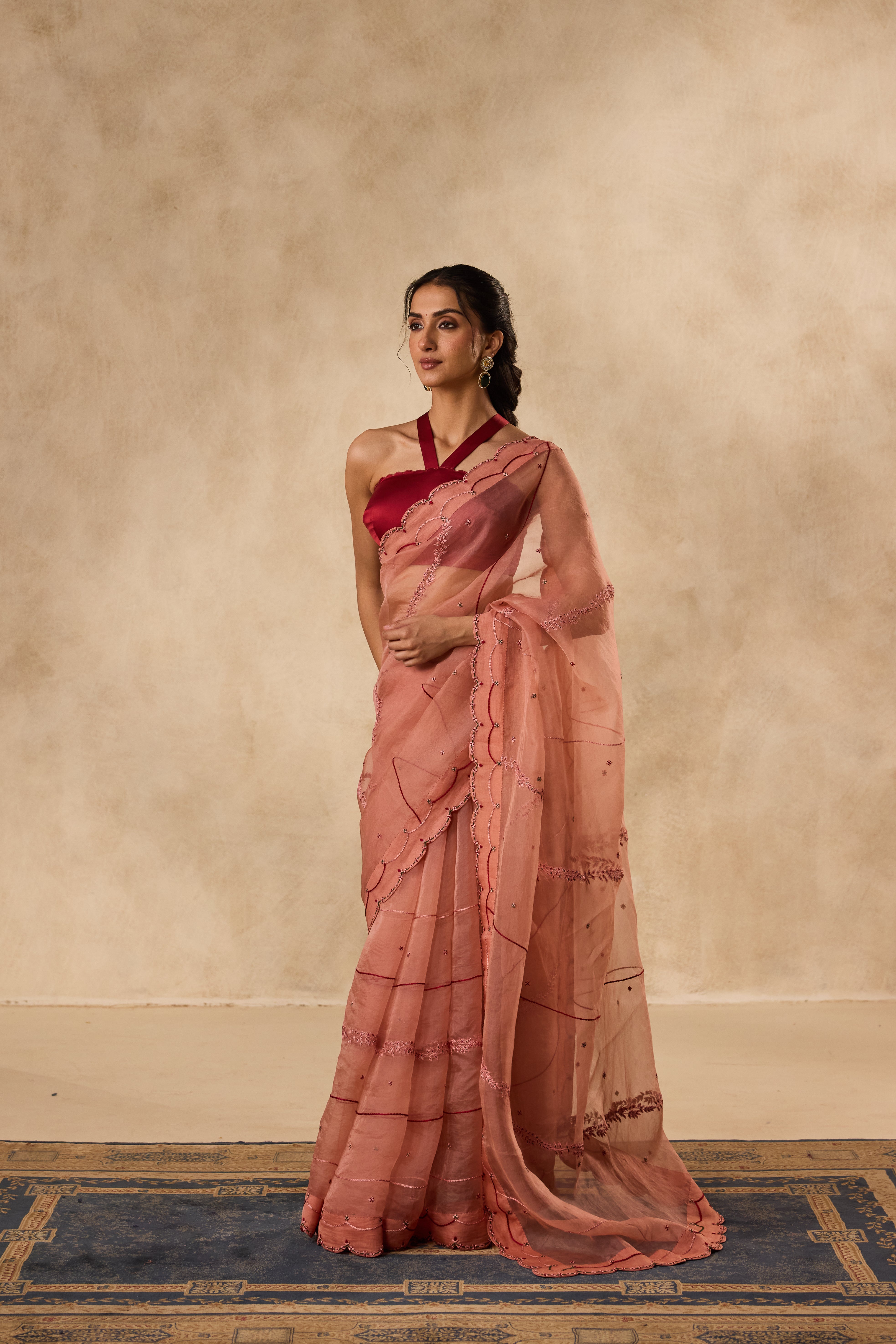 PEACH ORGANZA EMBROIDERED SAREE paired WITH UNSTITCHED CHANDERI BLOUSE FABRIC