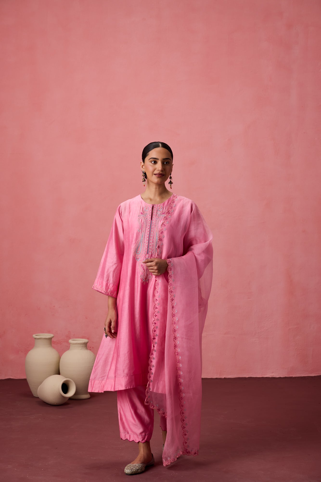 Pink chanderi dori work and resham embroidered kurta paired with organic cotton slip, pant & organza dupatta