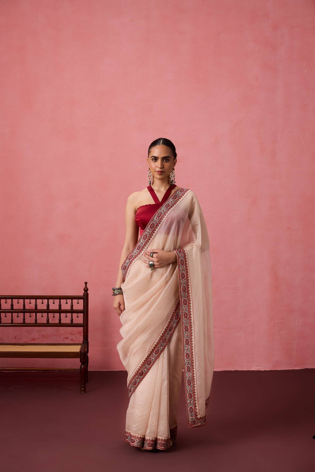 Champagne organza heavy cutwork border saree comes with unstitched & unembroidered blouse fabric in chanderi