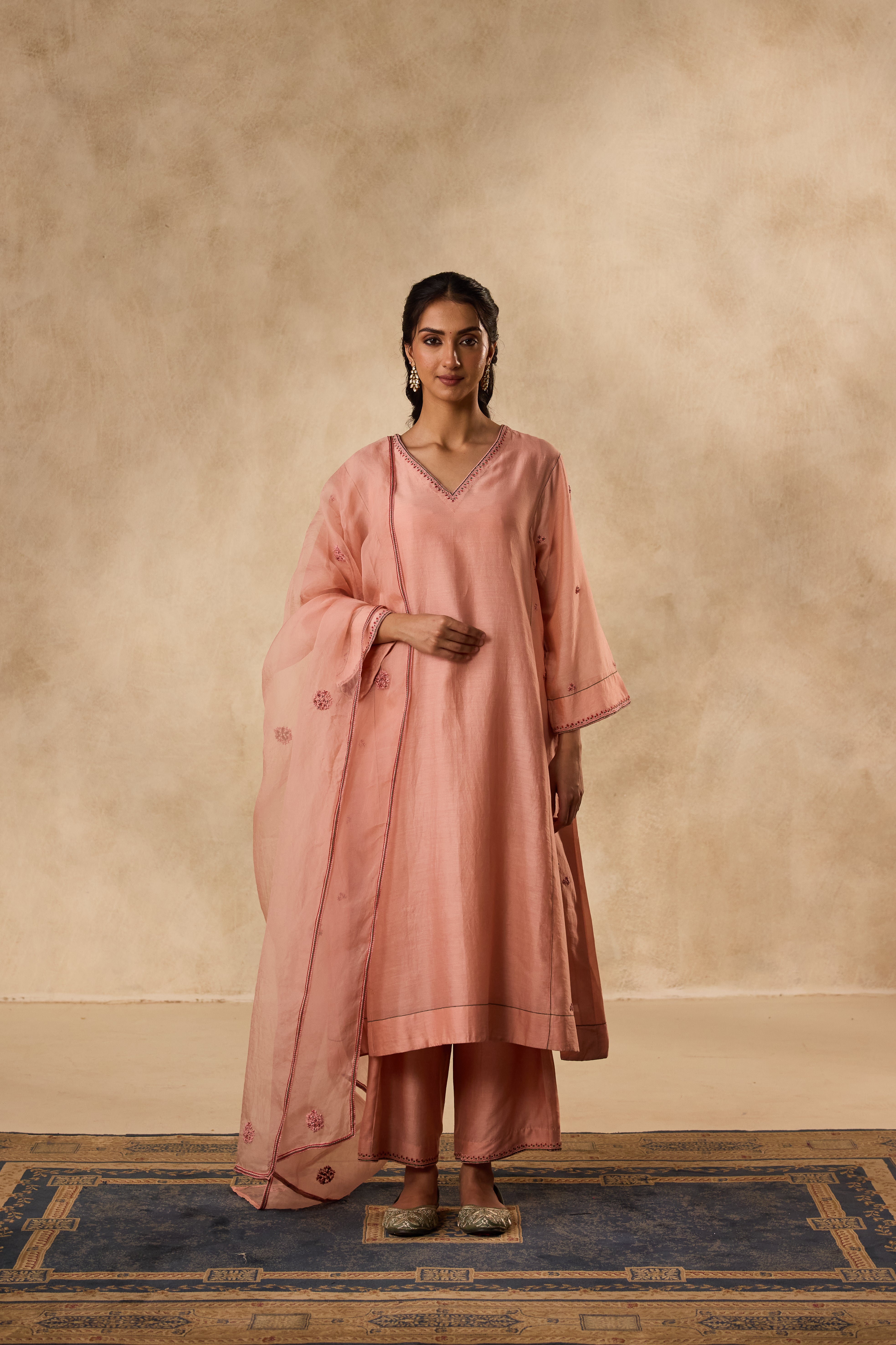 PEACH CHANDERI RESHAM & THREAD EMBROIDERED KURTA PAIRED WITH ORGANIC COTTON SLIP & MATCHING PANT & ORGANZA DUPATTA