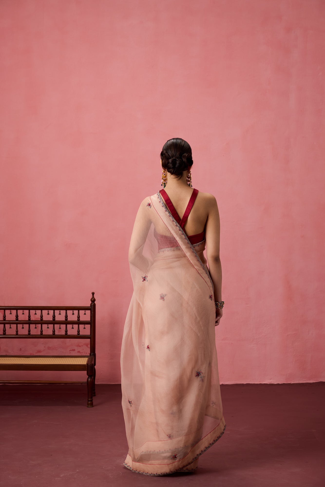 Cozy Peach organza buti embroidered saree comes with unstitched & unembroidered blouse fabric in chanderi