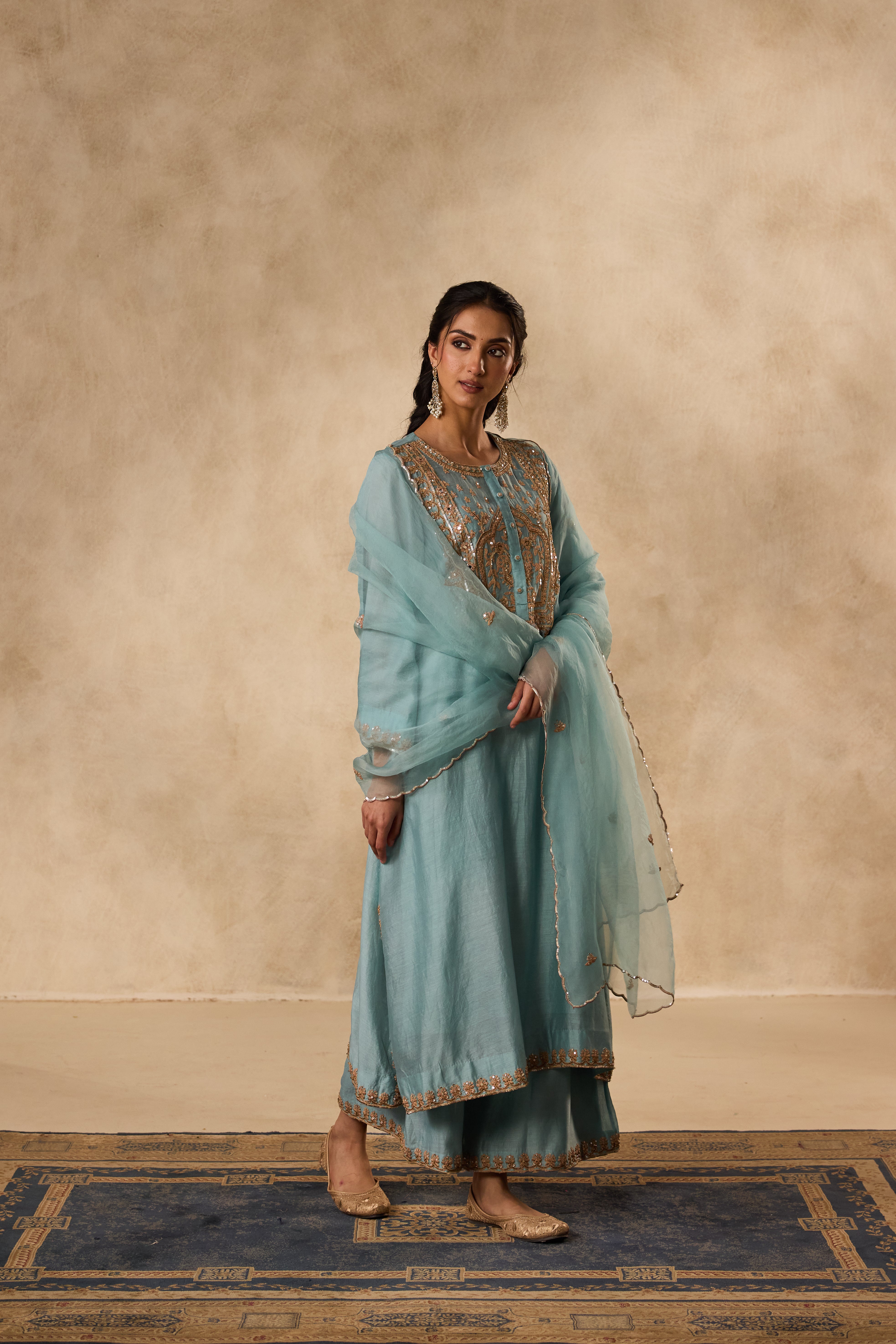 SKY BLUE A-LINE DORI & RESHAM EMBROIDERED CHANDERI KURTA WITH ORGANIC COTTON SLIP, MATCHING PANT & ORGANZA DUPATTA