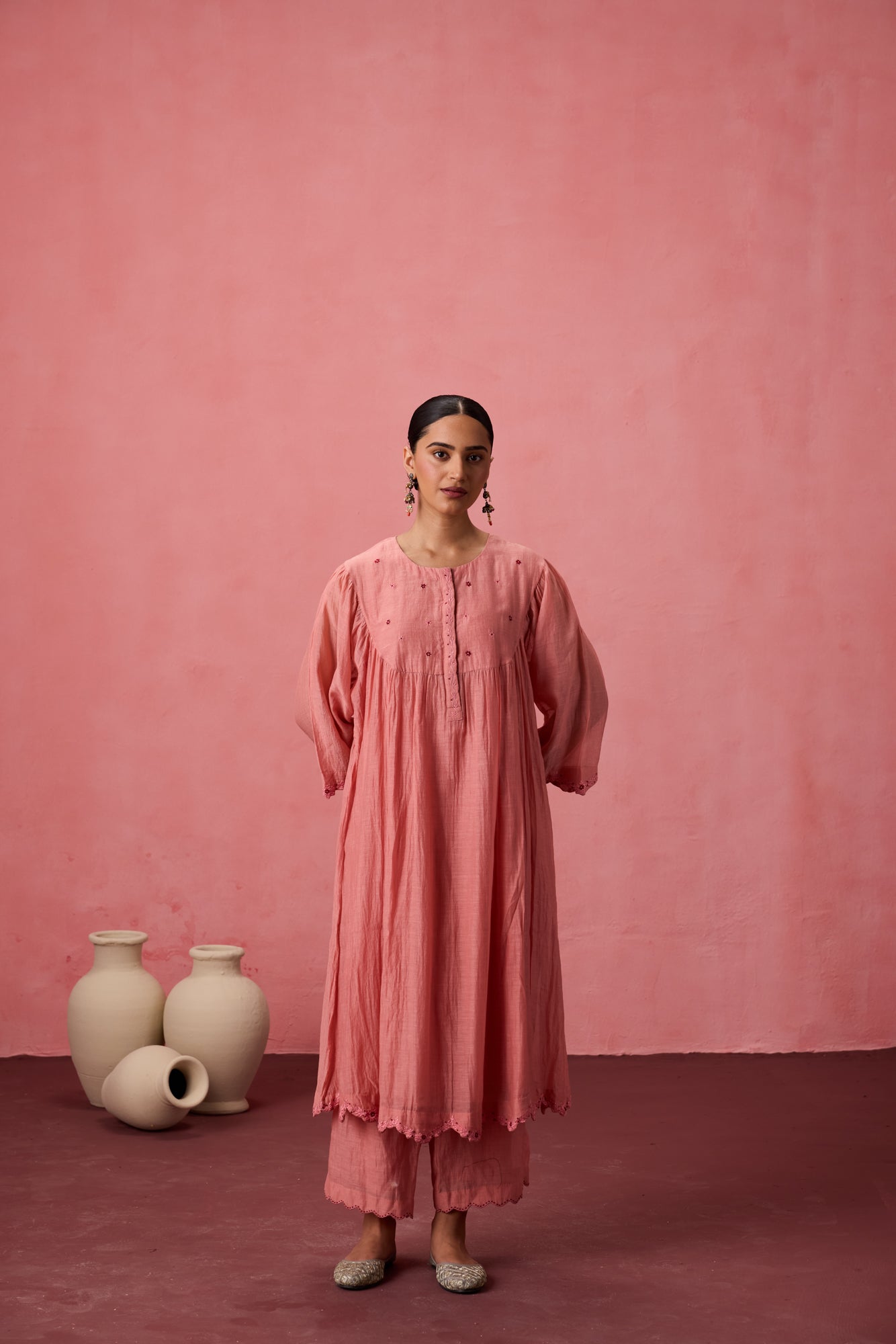 Peach chanderi resham embroidered kurta paired with organic cotton slip, pant & organza dupatta