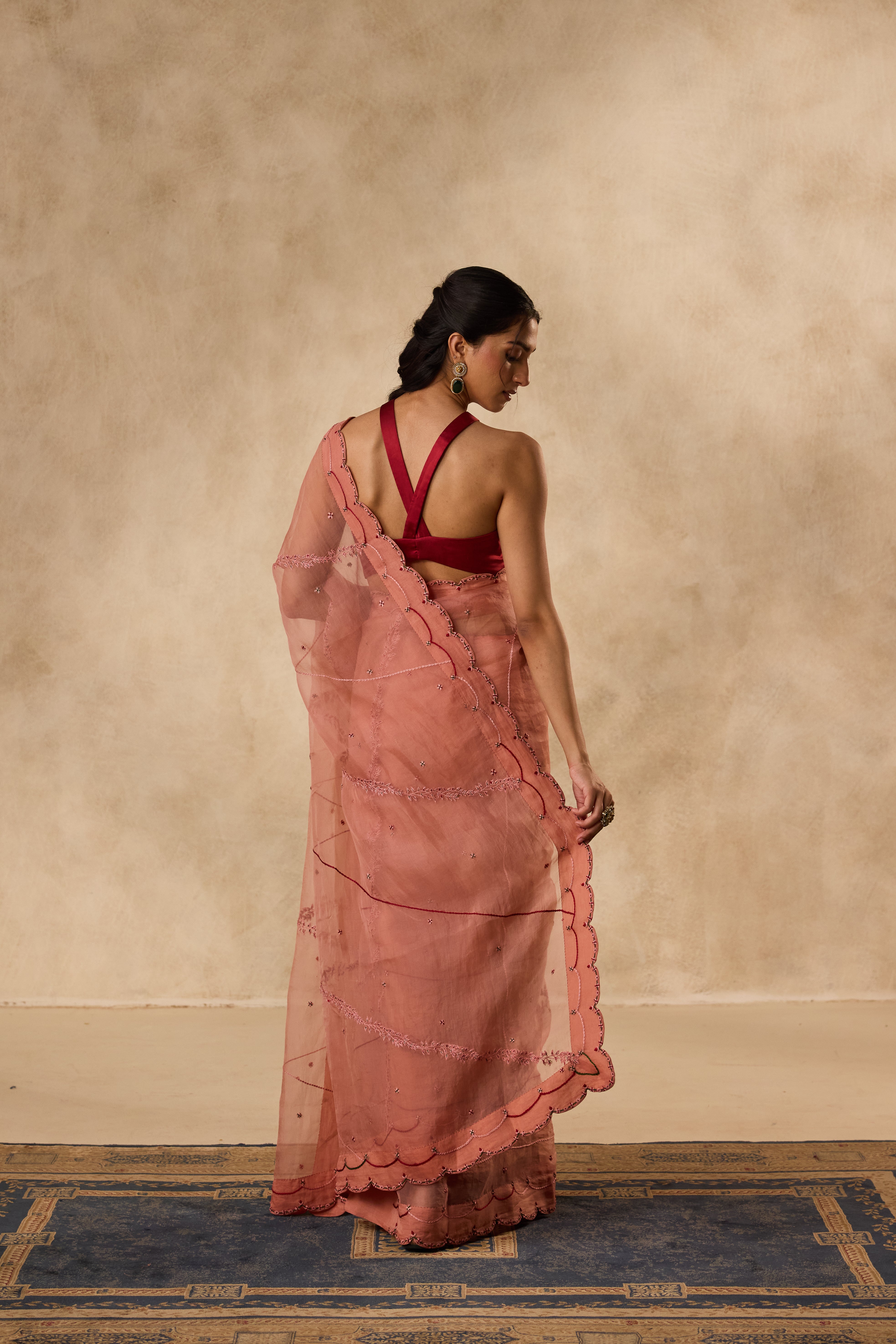 PEACH ORGANZA EMBROIDERED SAREE paired WITH UNSTITCHED CHANDERI BLOUSE FABRIC