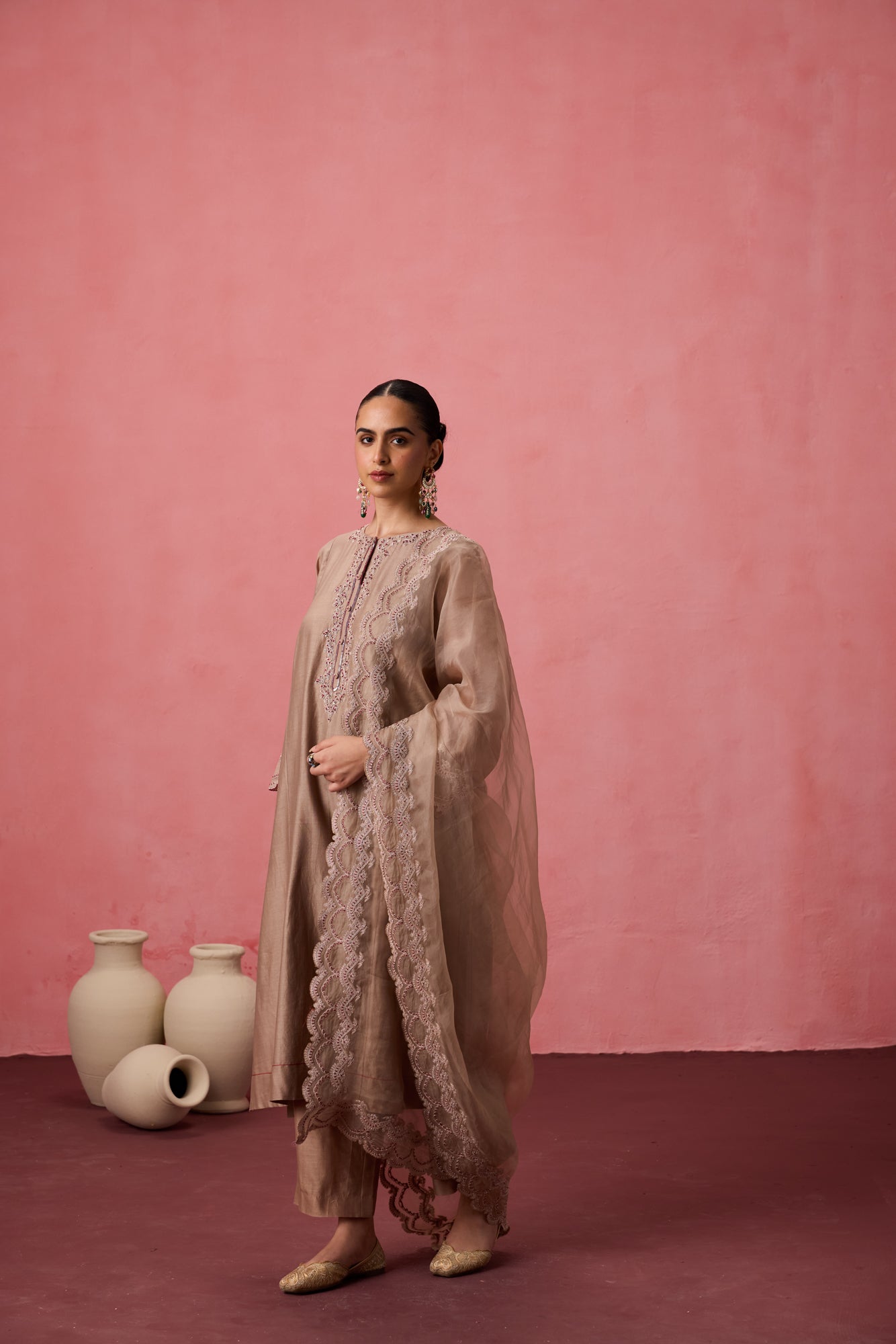 Champagne chanderi dori work and resham embroidered kurta paired with pant & organza dupatta