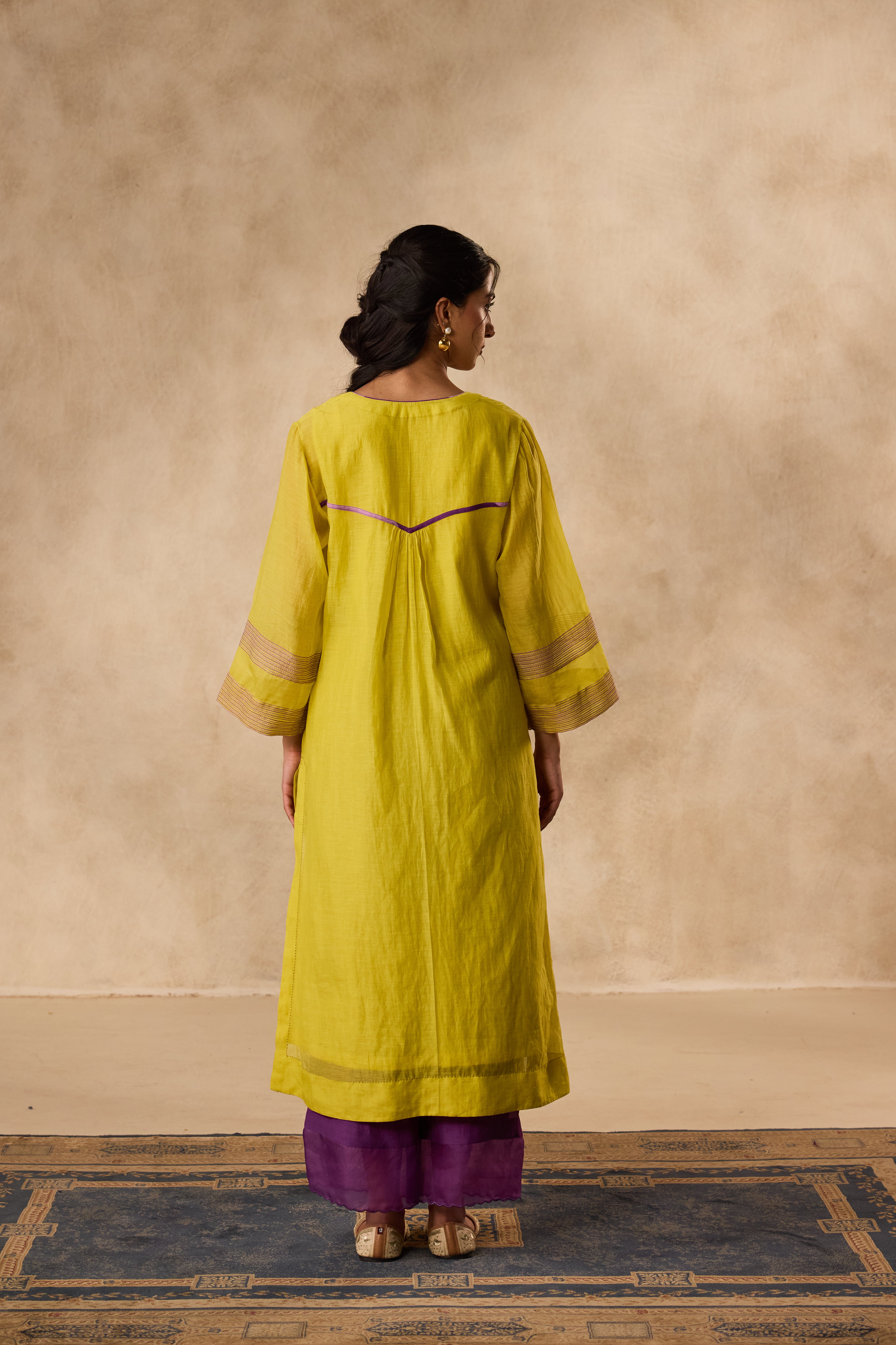 Lime yellow & Purple chanderi resham embroidered tunic paired with organic cotton slip and pant