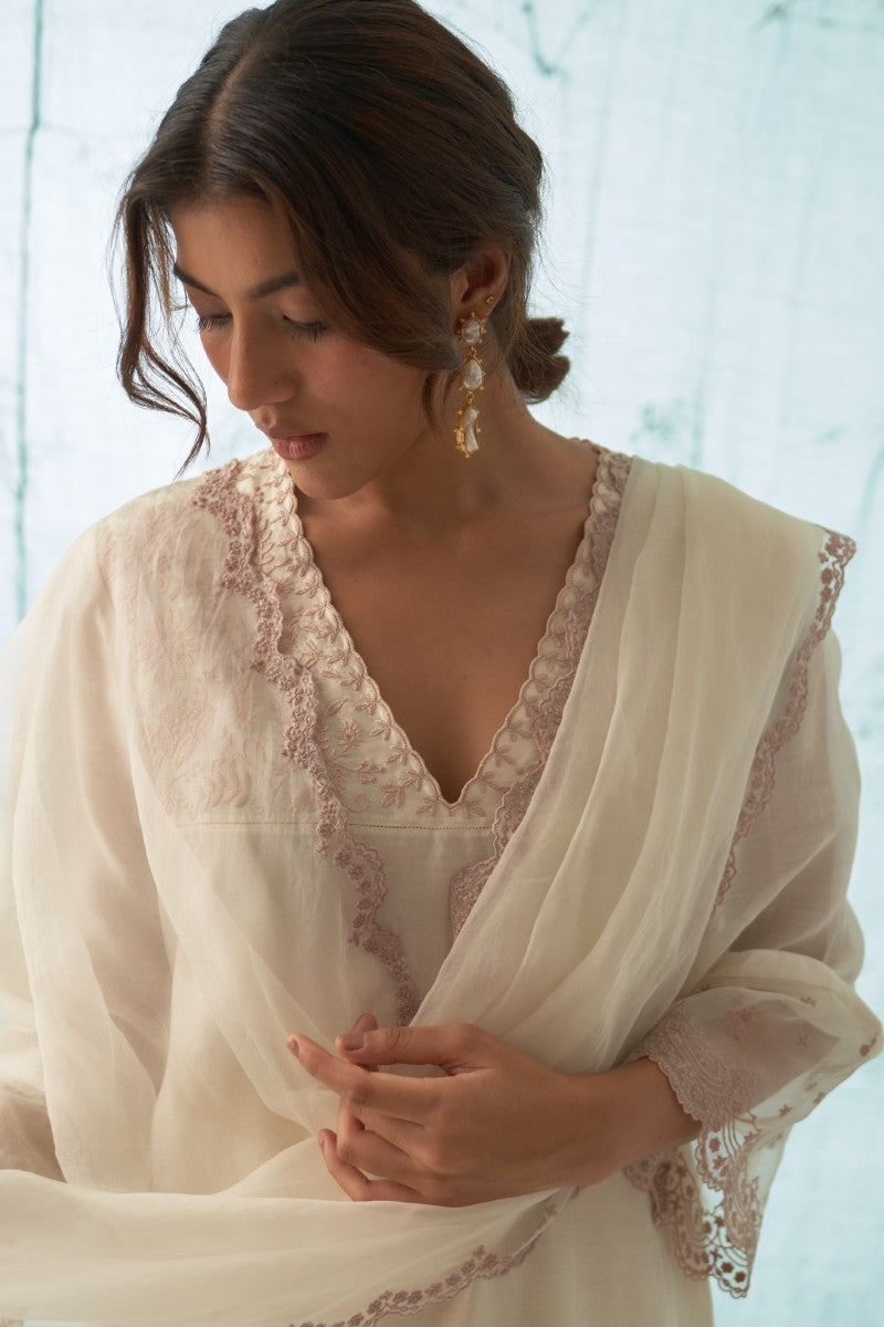 Ivory - Pink Embroidered Kurta Set