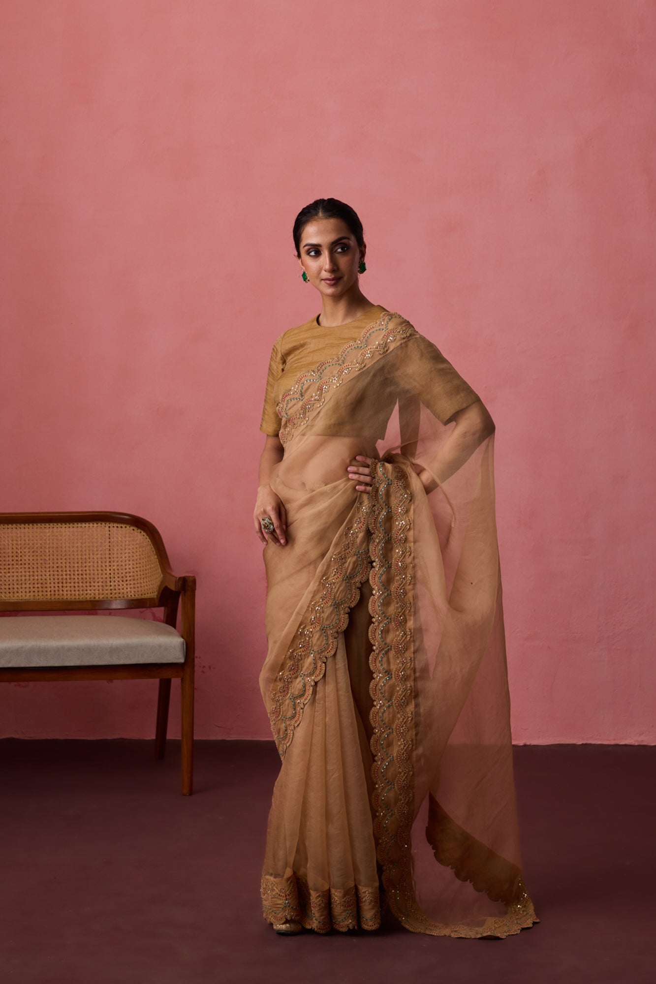 Golden organza dori & resham embroidered saree paired with unstitched & unembroidered blouse fabric