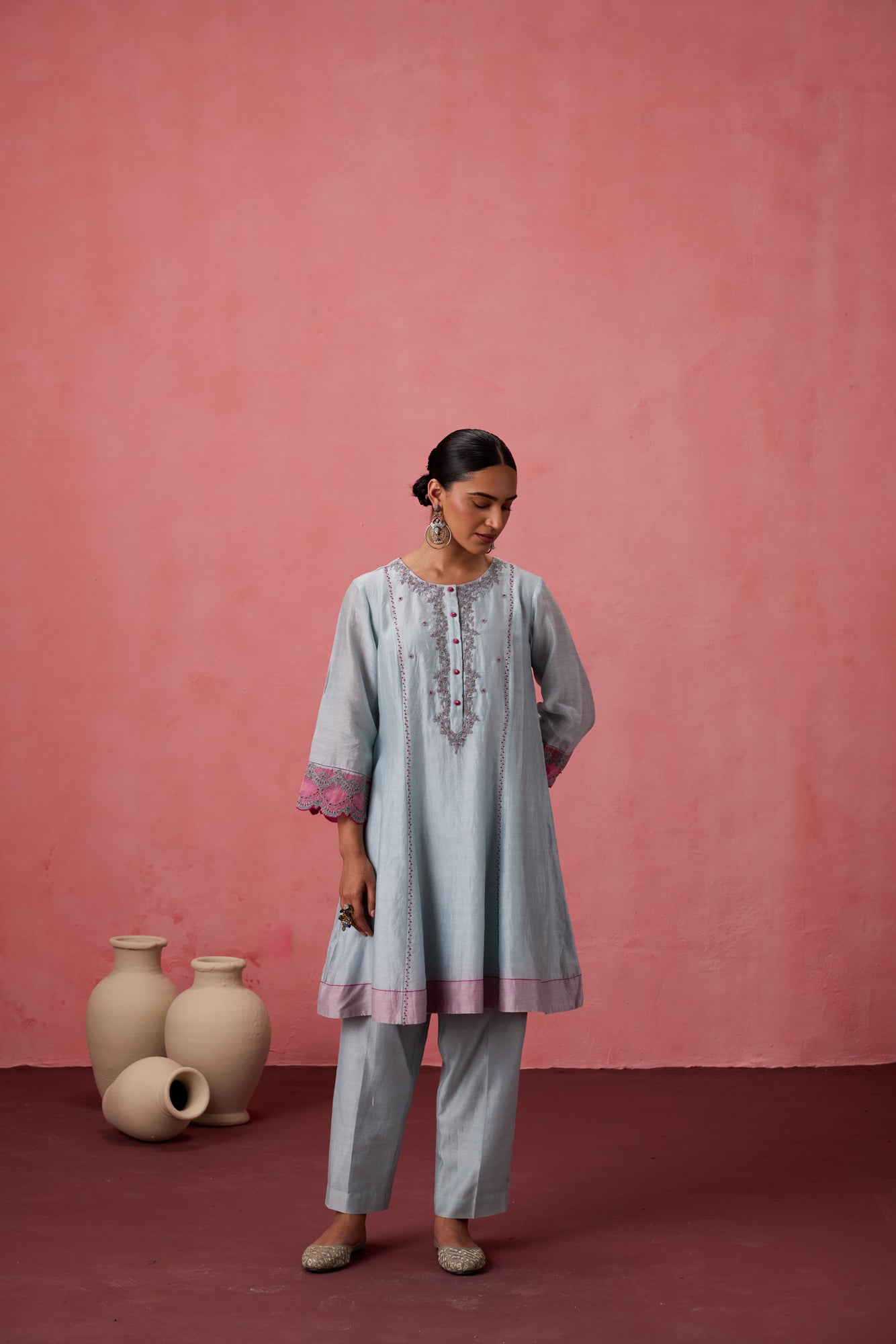 Sky blue chanderi dori work floral and french knot embroidered kurta paired with pant & organza dupatta
