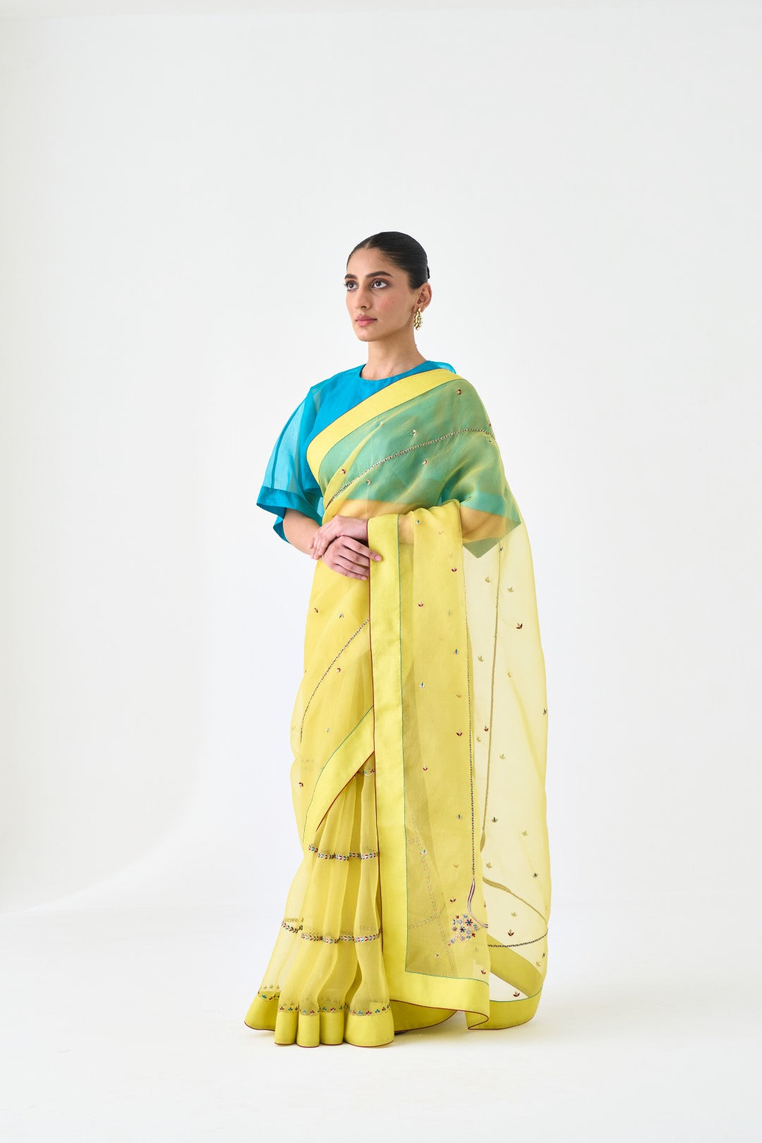 Yellow Organza Saree with Embroidery Paired with Organic Cotton Stitched Petticoat (2-Piece Set)