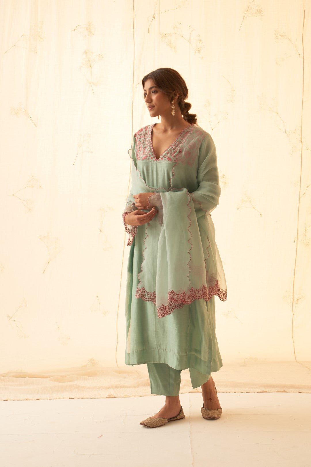 Aqua Pink Embroidered Kurta Set
