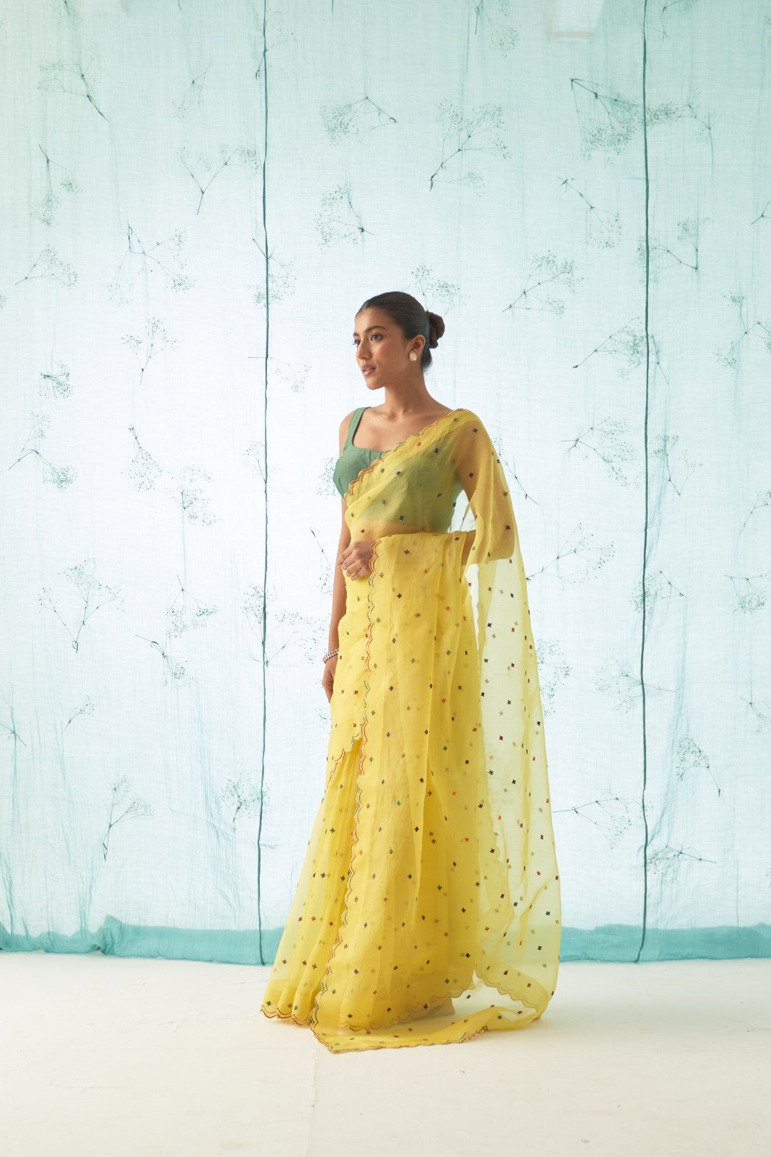 Yellow Organza Saree Set with Scallop Border Comes With Stitched Chanderi Blouse and Organic Cotton Stitched Petticoat ( 03 Pcs. )