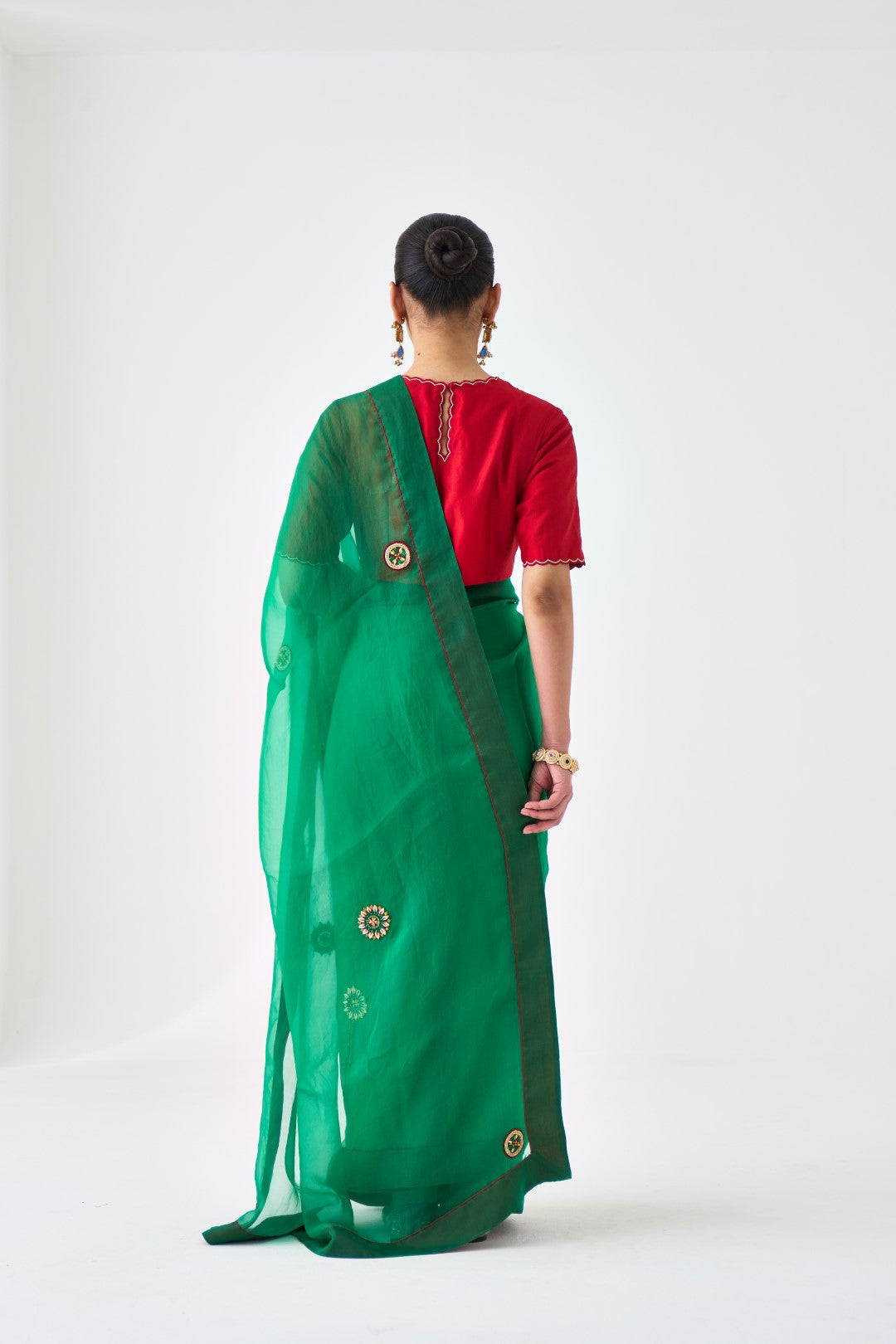Green Organza Embroidered Jaal Embroidered Saree Paired with Organic Cotton Stitched Petticoat (02 Pcs.)
