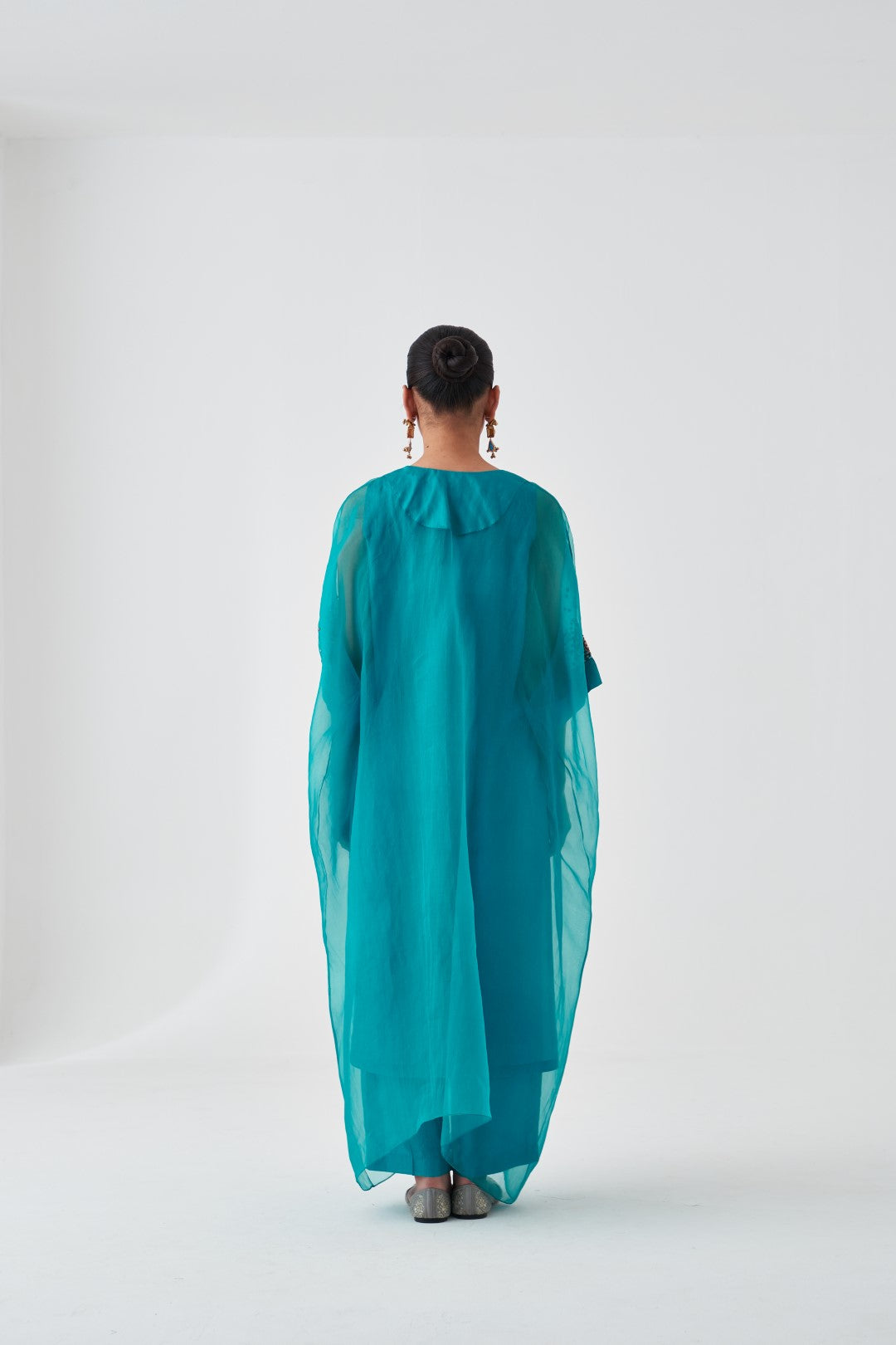 Turquoise Organza Embroidered Kaftan Paired with Silk Slip & Silk Pant (03 Pcs.)