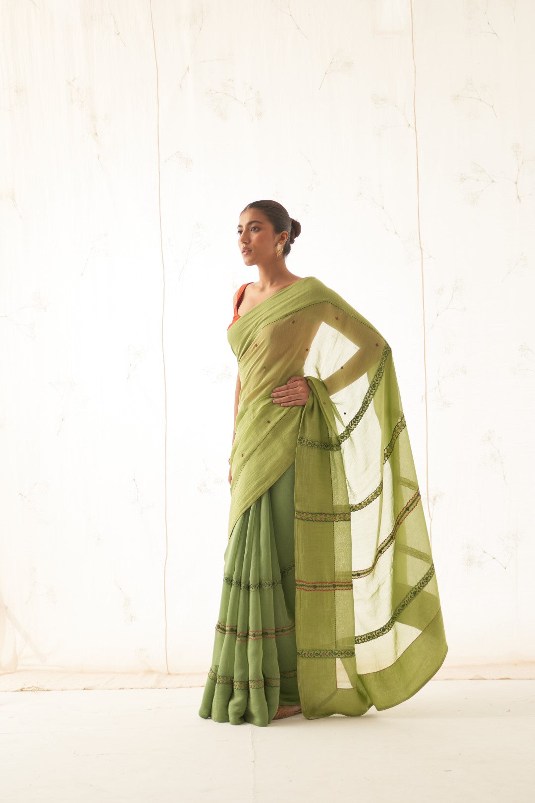 Green Chanderi Saree With Stitched Chanderi Blouse and Organic Cotton Stitched Petticoat ( 03 Pcs. )