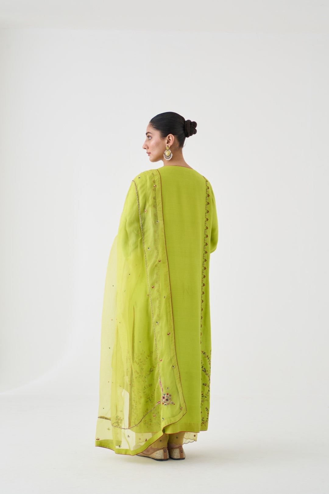 Lime Green Dupion Silk Embroidered Long Kurta Paired with Silk Pant & Organza Dupatta (03 Pcs.)