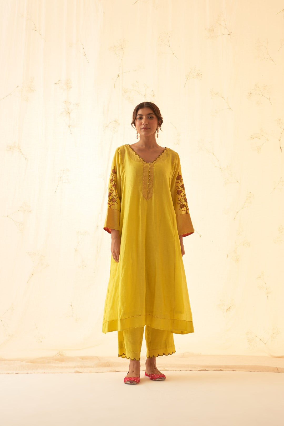 Yellow With Beautiful Embroidery On Sleeves Kurta Set