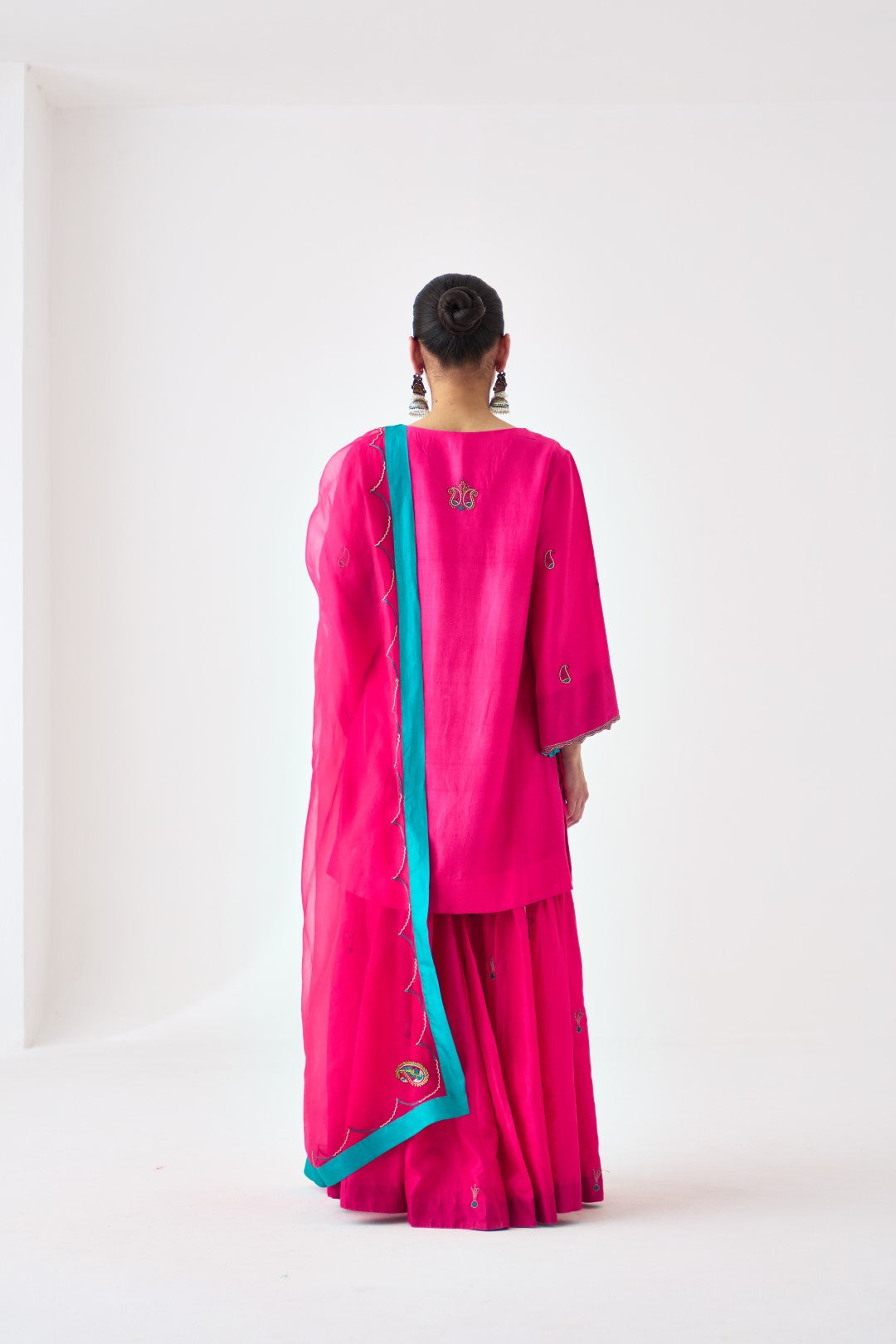 Fuchsia Silk Dupion Embroidered Short Kurta Paired with Silk Sharara & Organza Dupatta (03 PCS.)